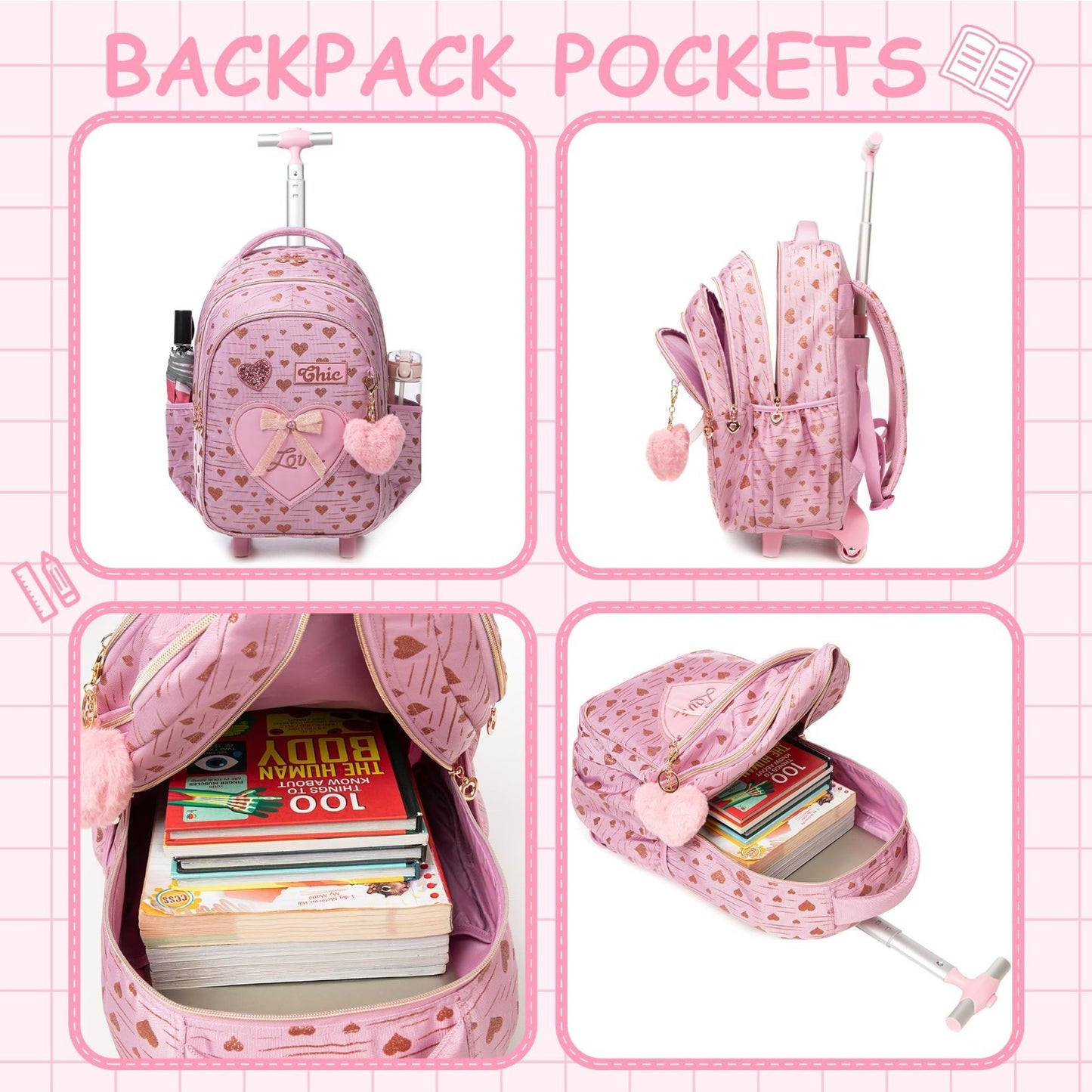 Rolling Kids Backpack with Lunch Box   Girls Wheeled Travel Suitcase for Ages 6 3