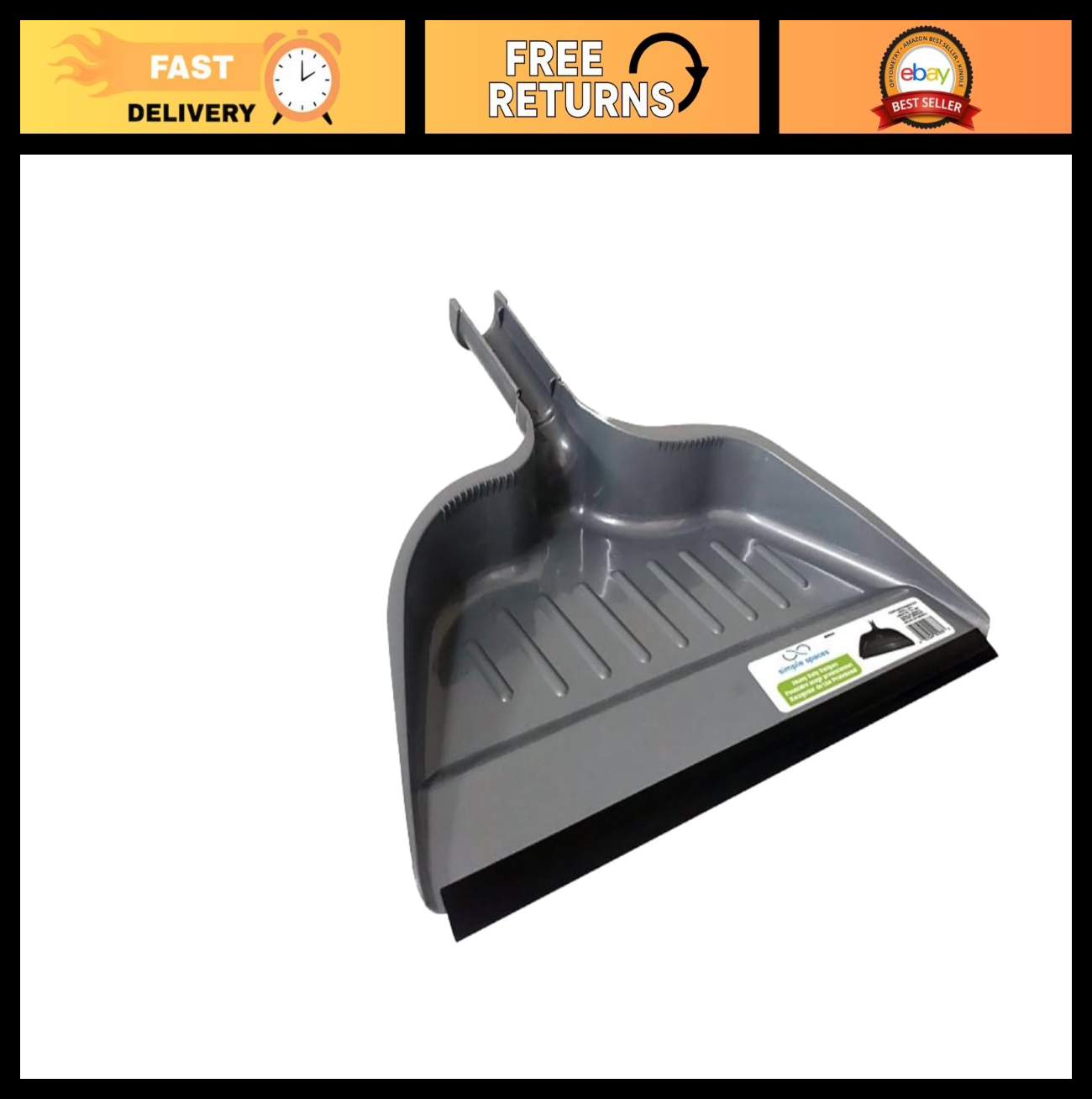 Heavy Duty Plastic Dust Pan with Snap Attachment for Brooms - Rubber Edge, Easy0