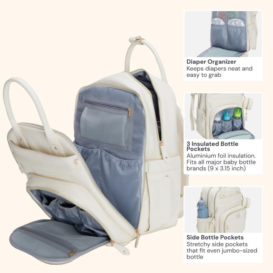 Multi Function Leather Diaper Bag Backpack   Water Resistant, Changing Pad, Stro5