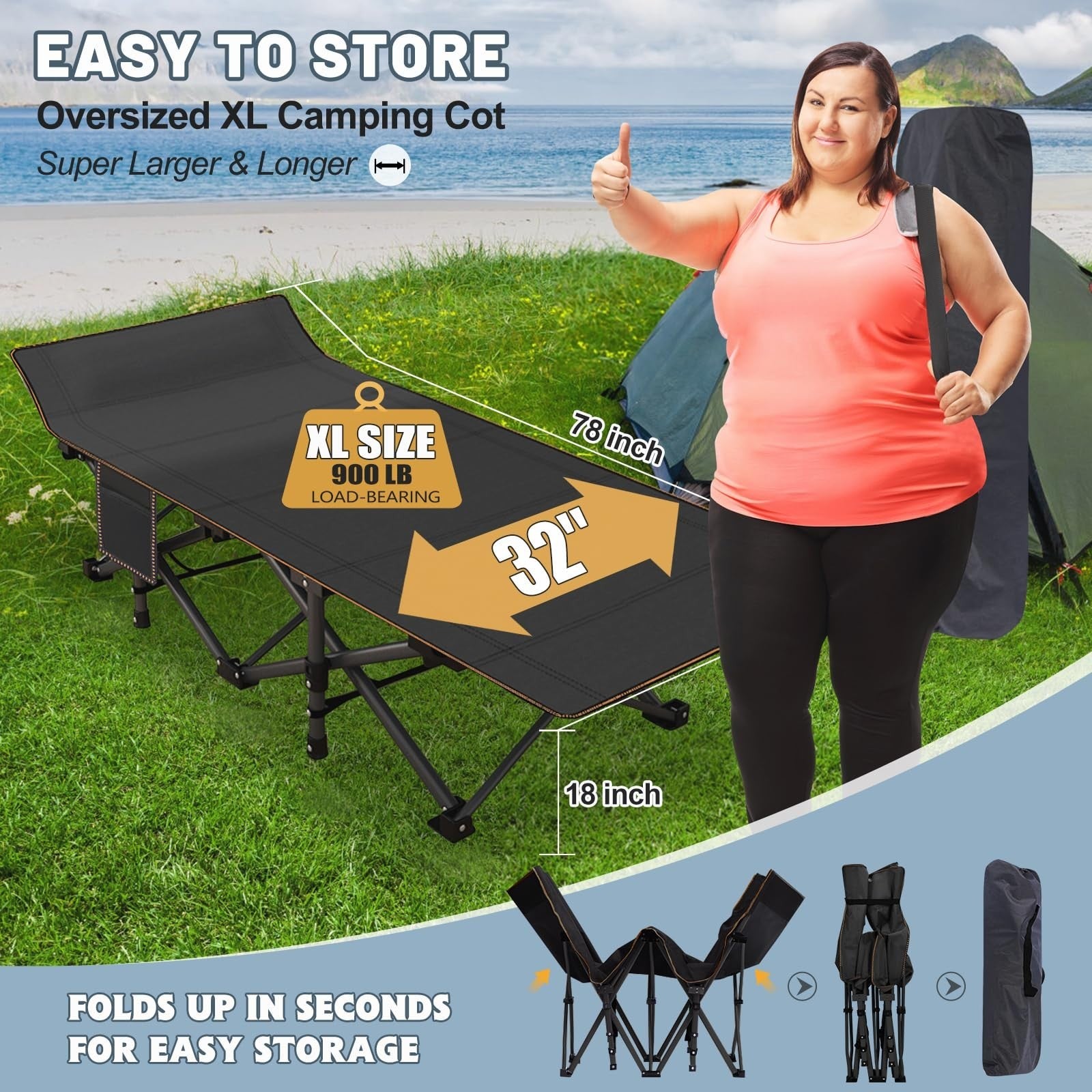 Oversized Folding Camping Cot for Adults, 32" Wide, 900 lbs Capacity, Includes P3
