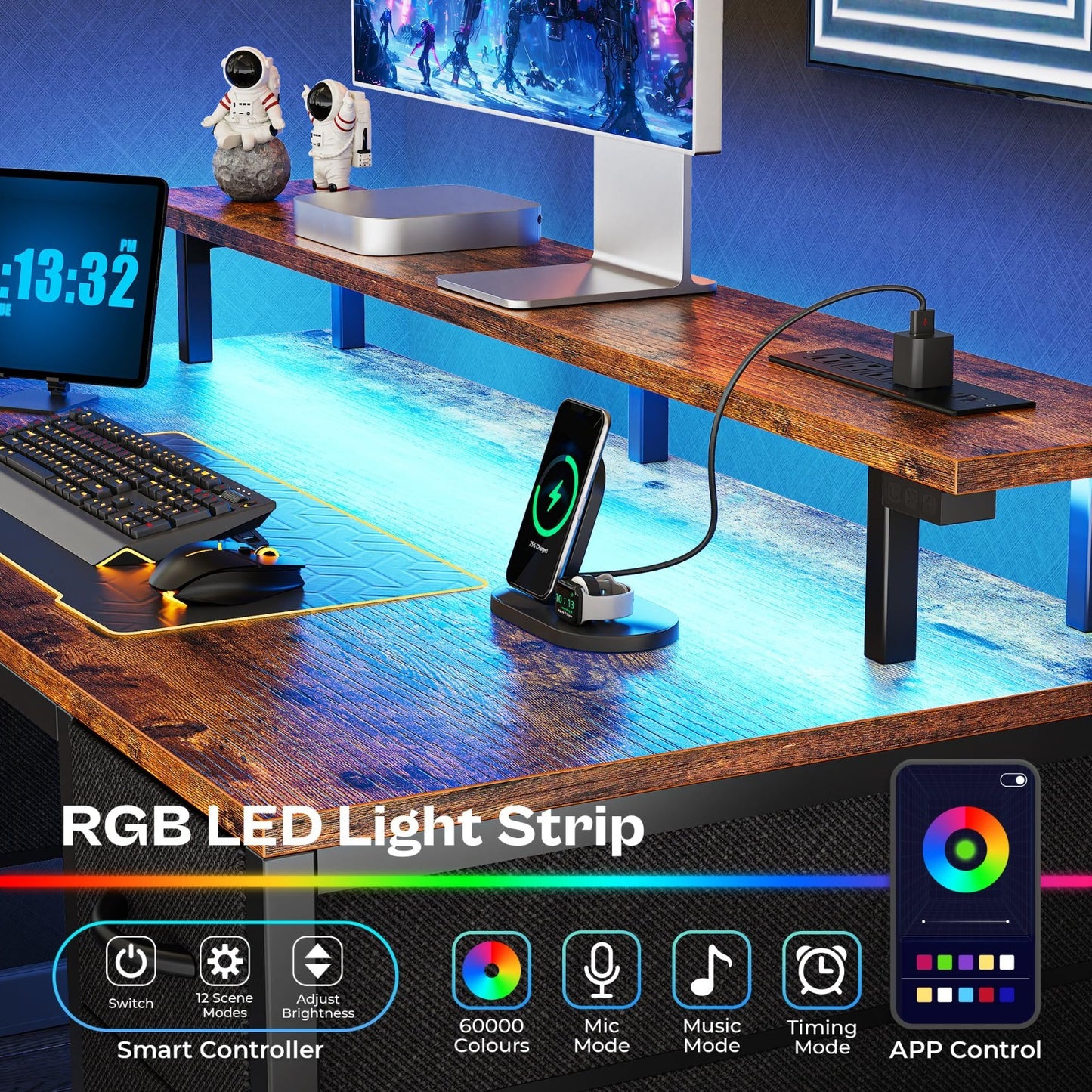 47-Inch Gaming Desk with LED Lights, Power Outlets & 4 Drawers - Rustic Home Off3