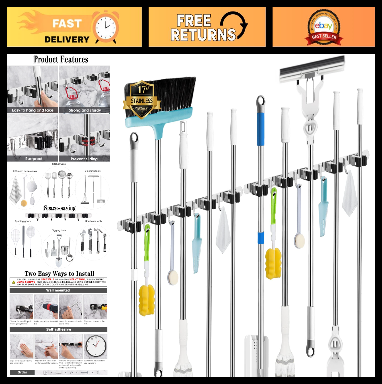 2 Pack Wall Mount Broom Holder - 5 Racks & 4 Hooks Mop Organizer Storage Solutio0