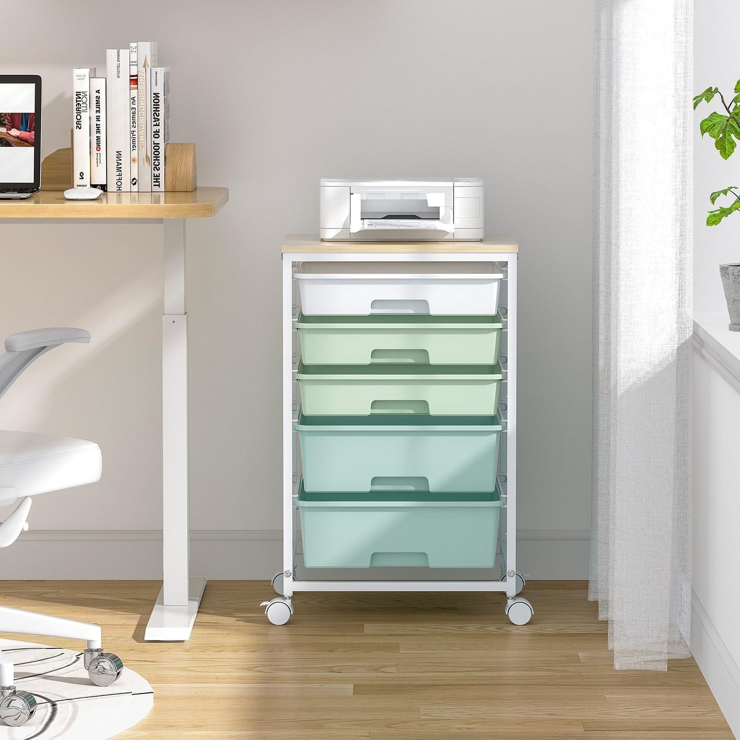 5 Drawer Utility Cart with Wooden Top, Lockable Wheels, Rolling Craft Organizer,8