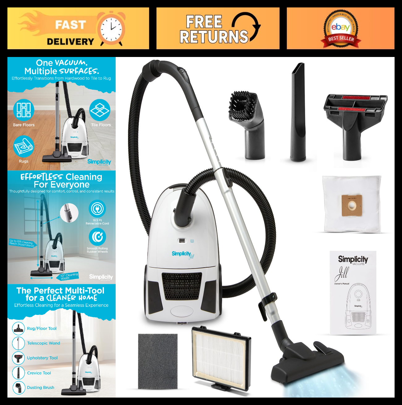 Lightweight Bagged Canister Vacuum Cleaner | HEPA Filter, Adjustable Suction, Fl0