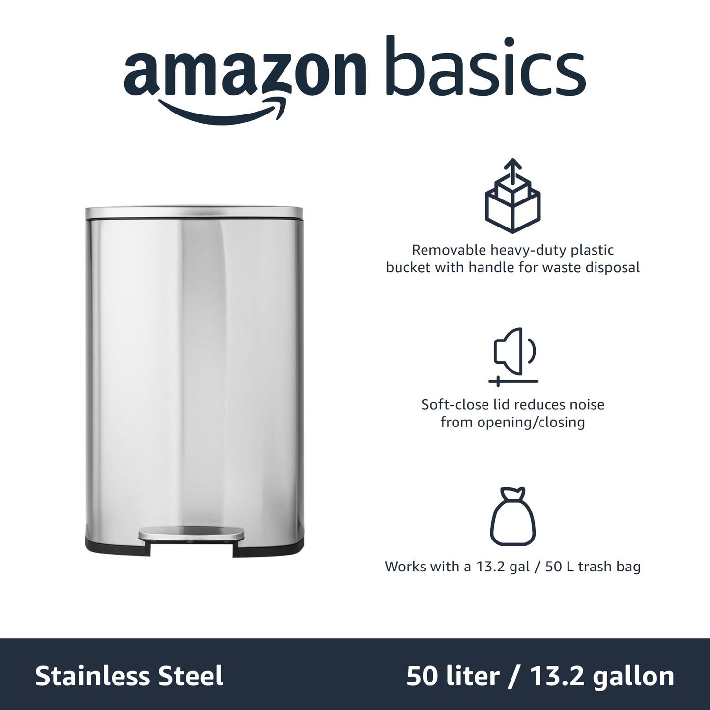 Large 13.2 Gallon Trash Can - Smudge Resistant, Soft-Close Lid, Step Pedal, Remo4