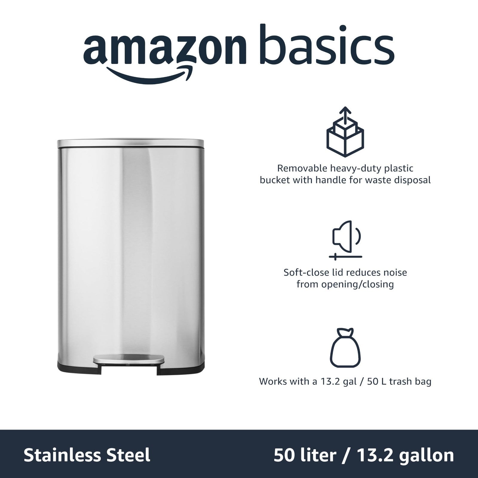 Large 13.2 Gallon Trash Can - Smudge Resistant, Soft-Close Lid, Step Pedal, Remo4