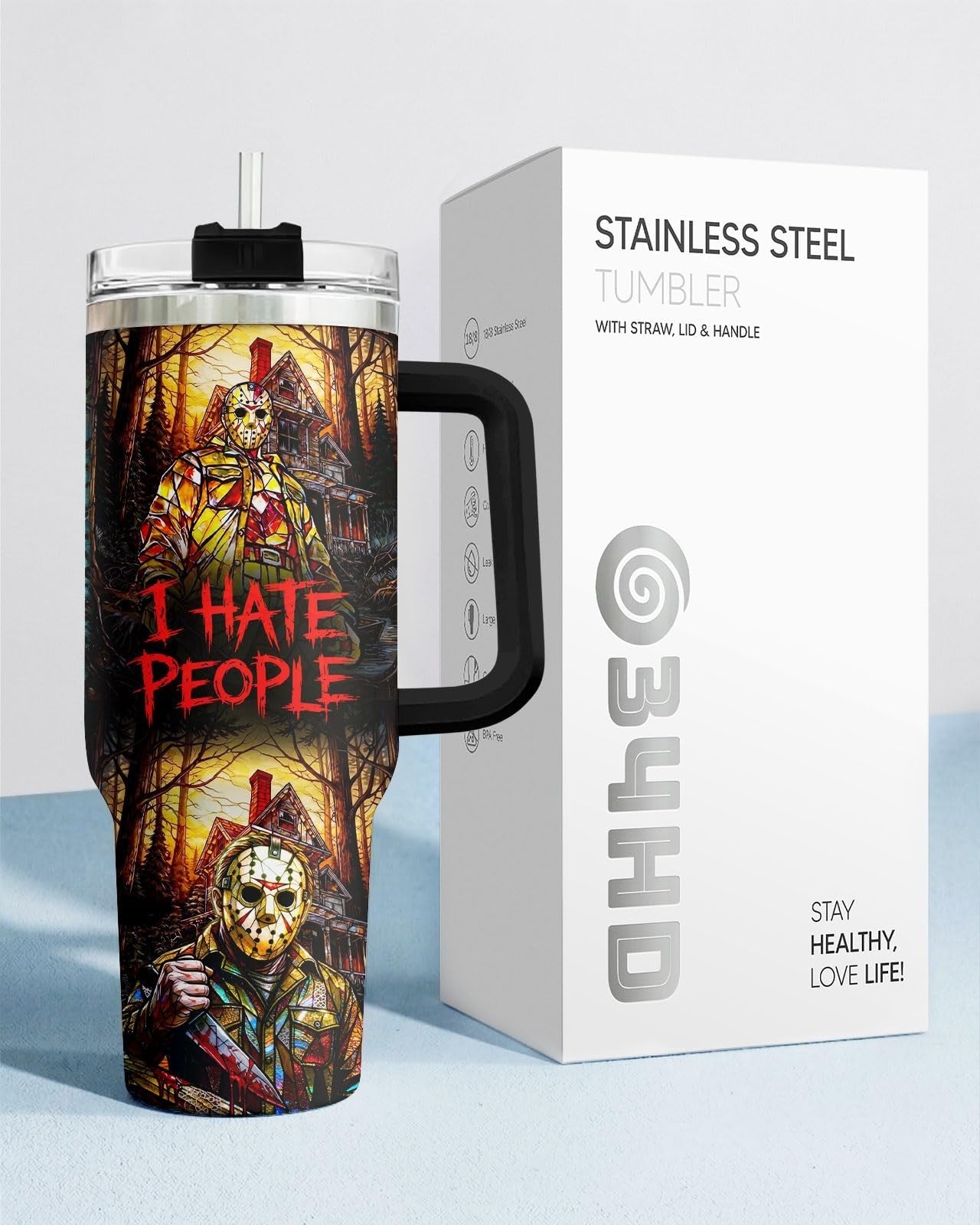 40oz Insulated Travel Mug with Handle   Funny Horror Slasher Design, Perfect Gif7