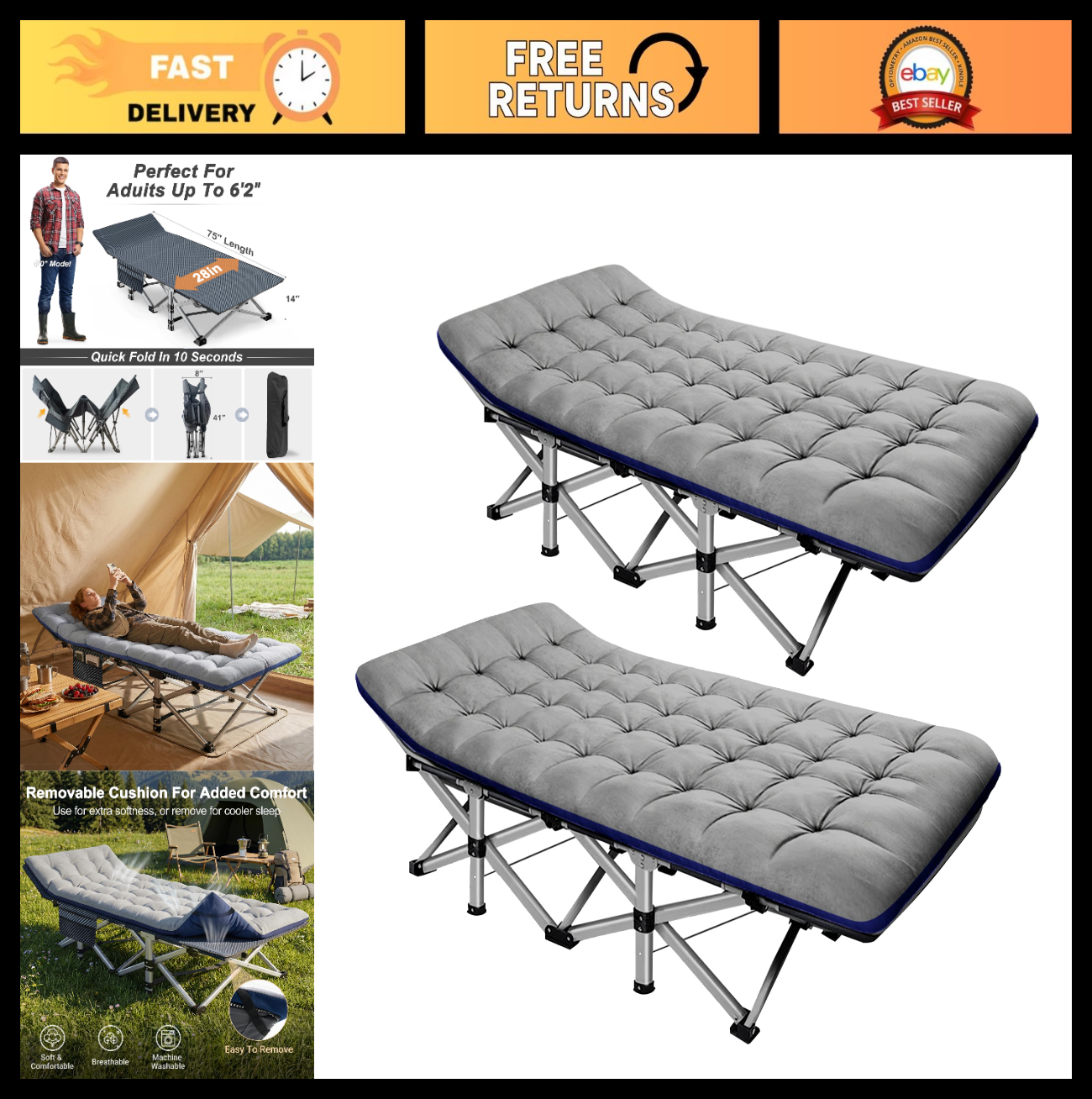 Folding Camping Cot for Adults   28" Wide Heavy Duty Bed, 800 lbs Capacity, 2 Pa0