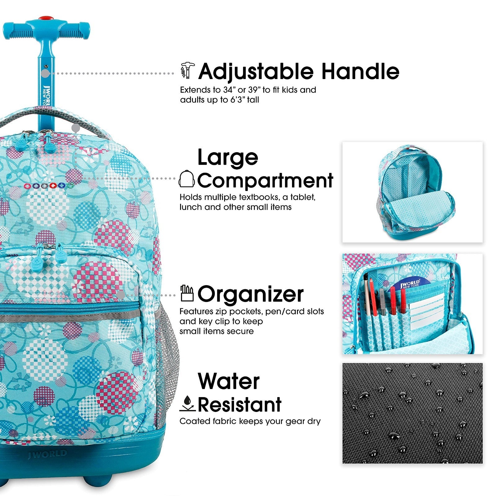 Kids Rolling Backpack with Wheels, School Roller Bookbag for Girls & Boys, 18"x15
