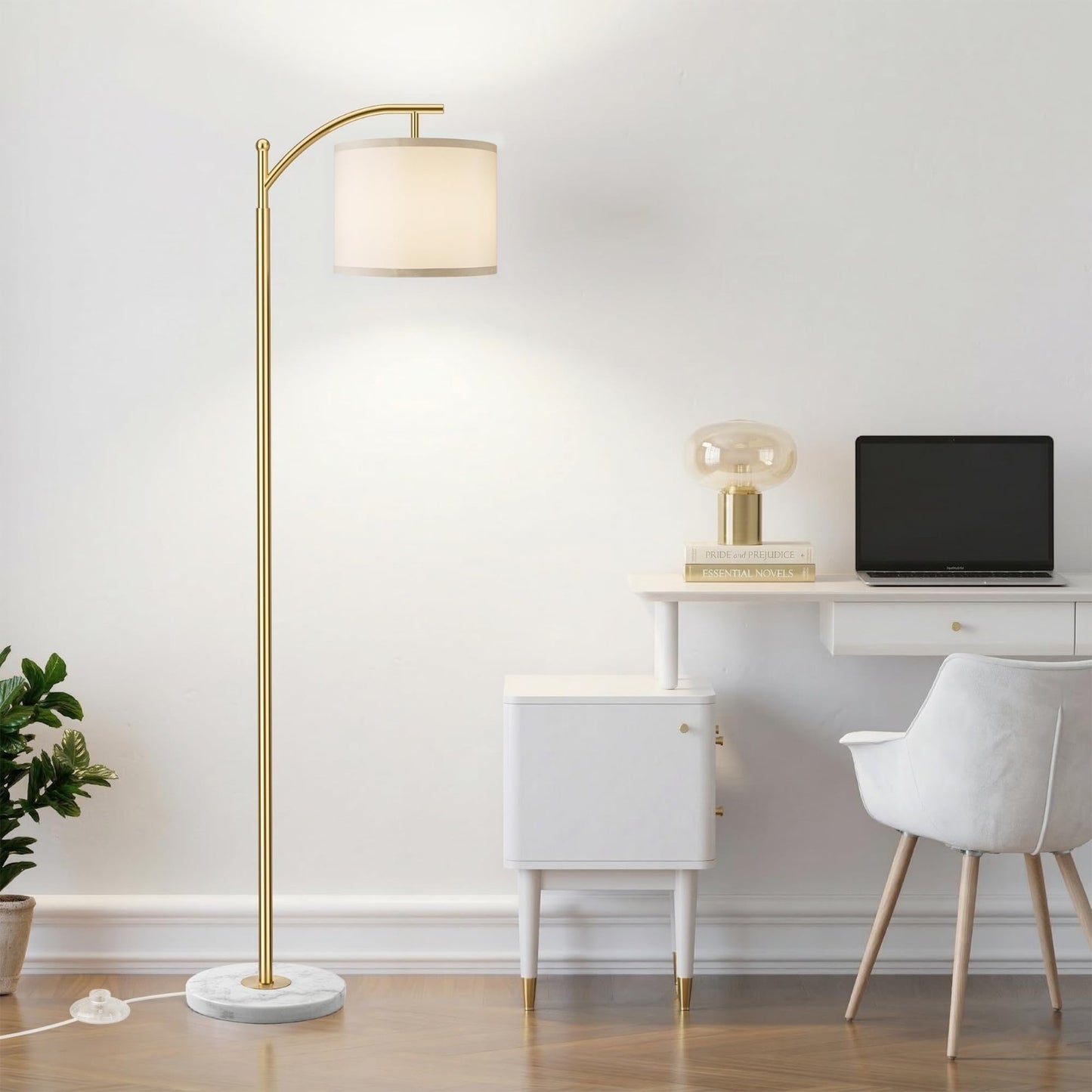 Modern Gold Floor Lamp with Marble Base, Adjustable Linen Shade, 3 Color Tempera7