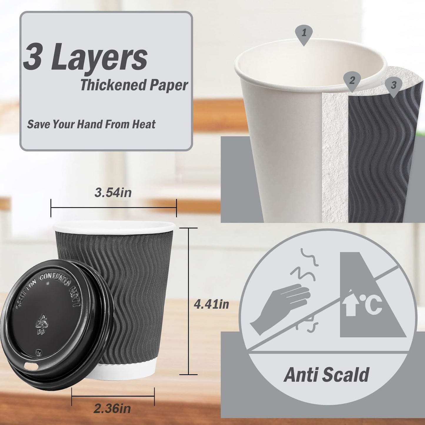 50 Pack 12 oz Insulated Disposable Coffee Cups with Lids for Hot Drinks, Travel2