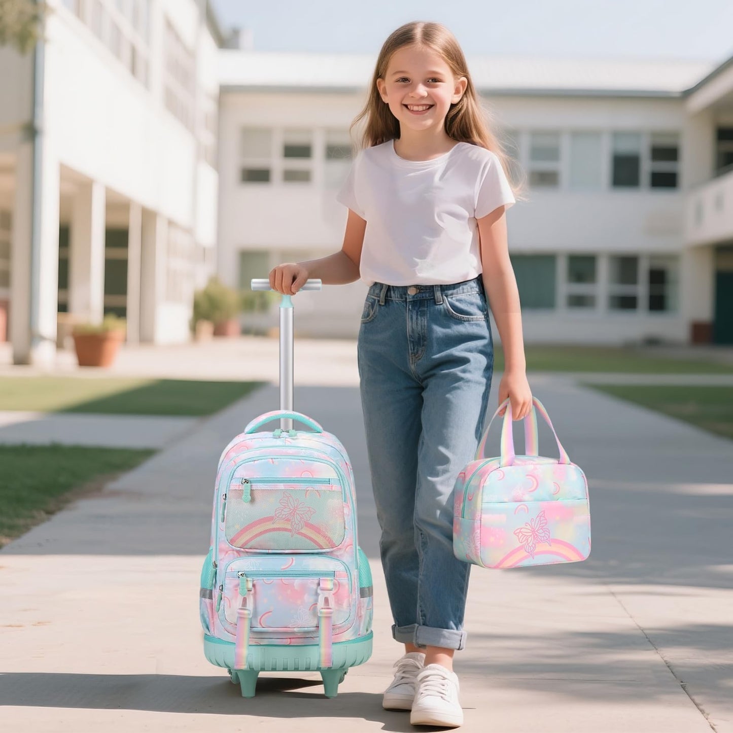 Rainbow Butterfly Rolling Backpack Set for Girls   3PCS with Lunch Box (Green)2