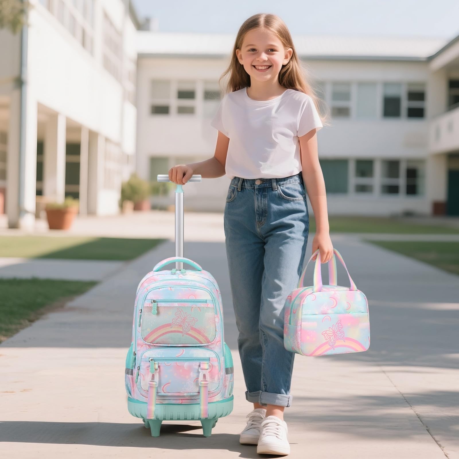 Rainbow Butterfly Rolling Backpack Set for Girls   3PCS with Lunch Box (Green)2