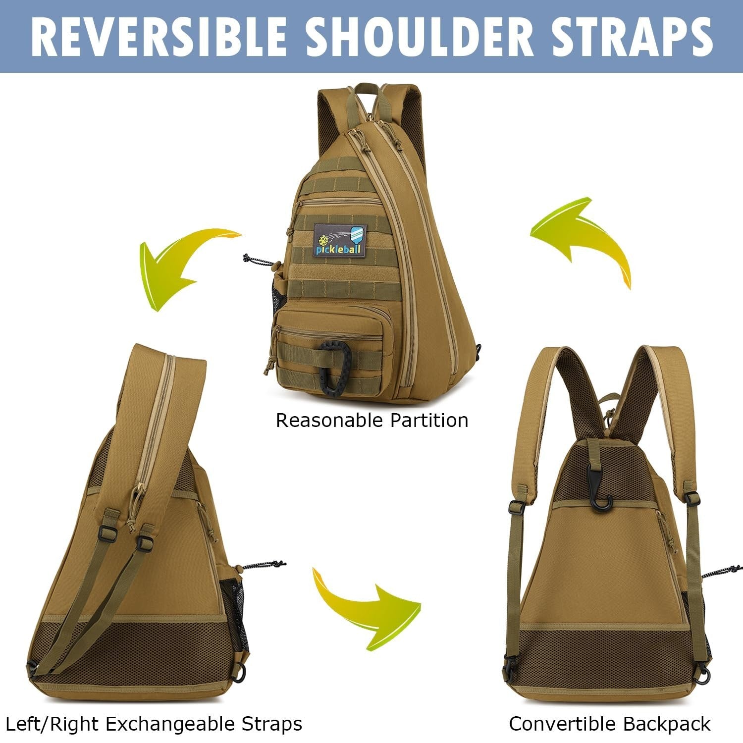 Tactical Pickleball Backpack - Adjustable Sling Bag with Fence Hook & Water Bott3