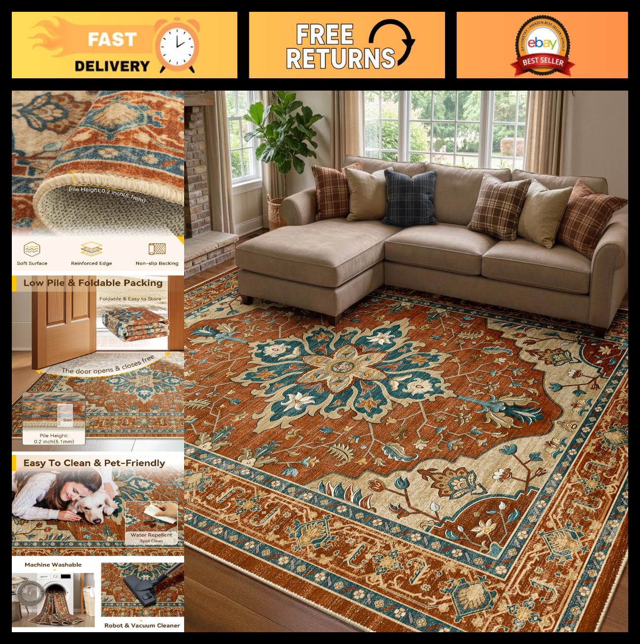 Washable 8'x10' Area Rug   Non Slip, Water Repellent, Pet Friendly, Vintage Flor0