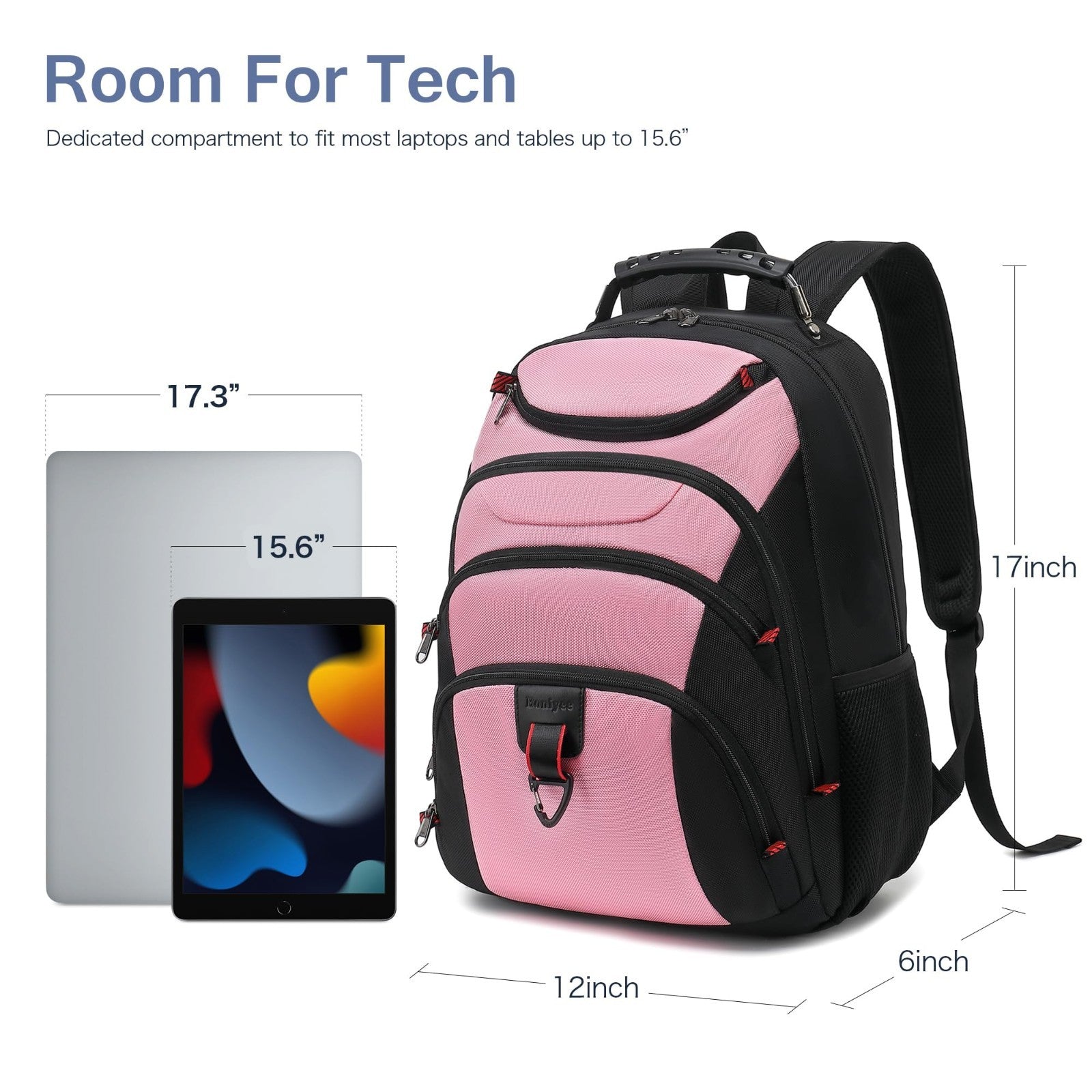 Waterproof 15.6" Laptop Backpack with USB Port, Anti Theft Travel Bag, Pink/Blac4