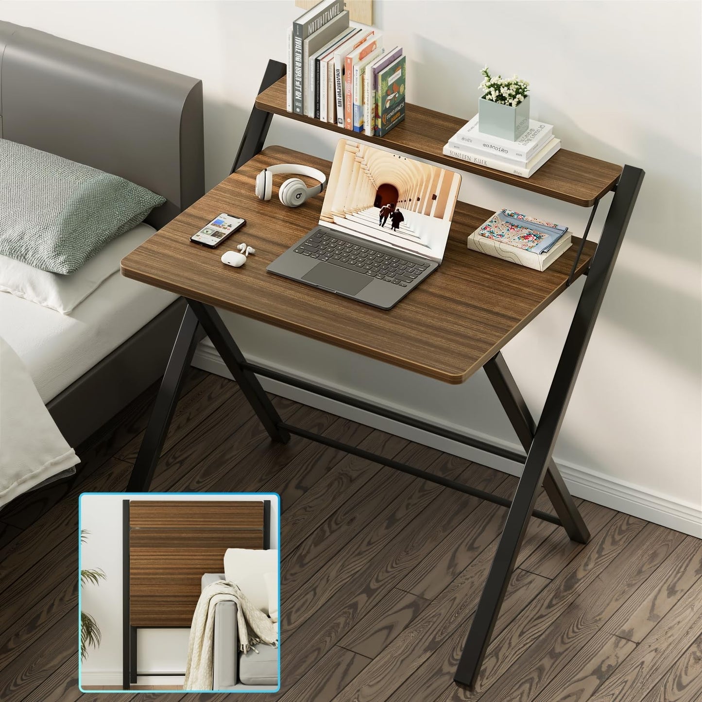 Compact Folding Desk with Shelf - Space-Saving Laptop Table for Home Office & Do7