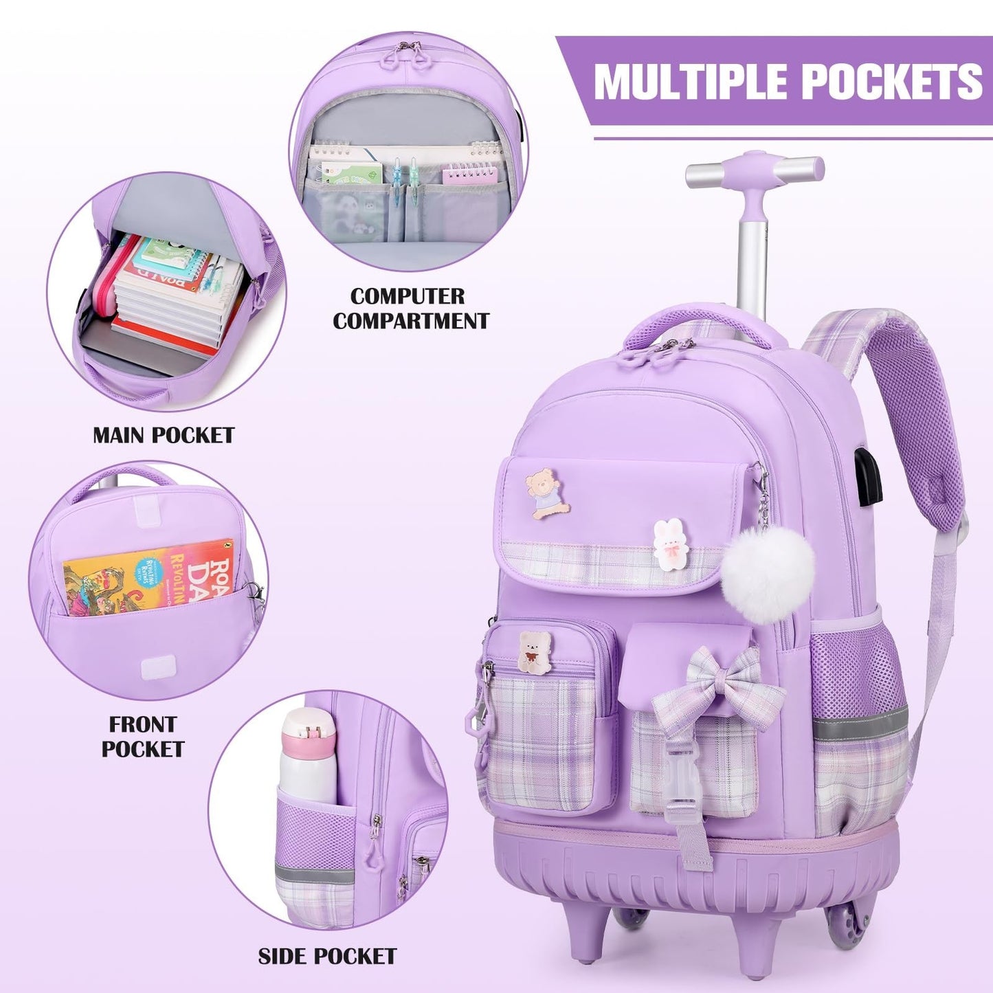 Rolling Backpack for Girls   Wheeled School Bag with Lunch Bag & Pencil Pouch, P3