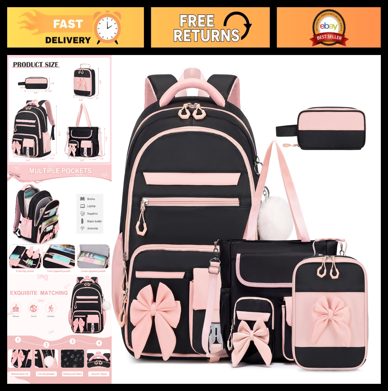 4PCS Girls Backpack Set   Stylish School Bag, Tote, Lunch Bag & Pencil Case0