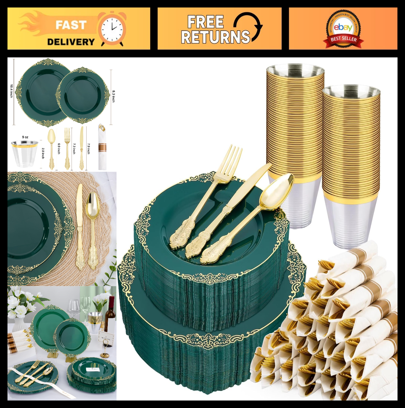 350-Piece Green & Gold Disposable Dinnerware Set for 50 Guests | Plates, Silverw0