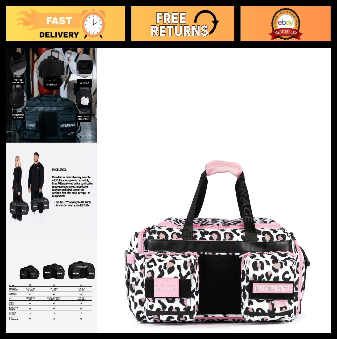 Ultimate 40L Gym Travel Duffle Bag with Rigid Frame   Leopard Pink Zip Design0