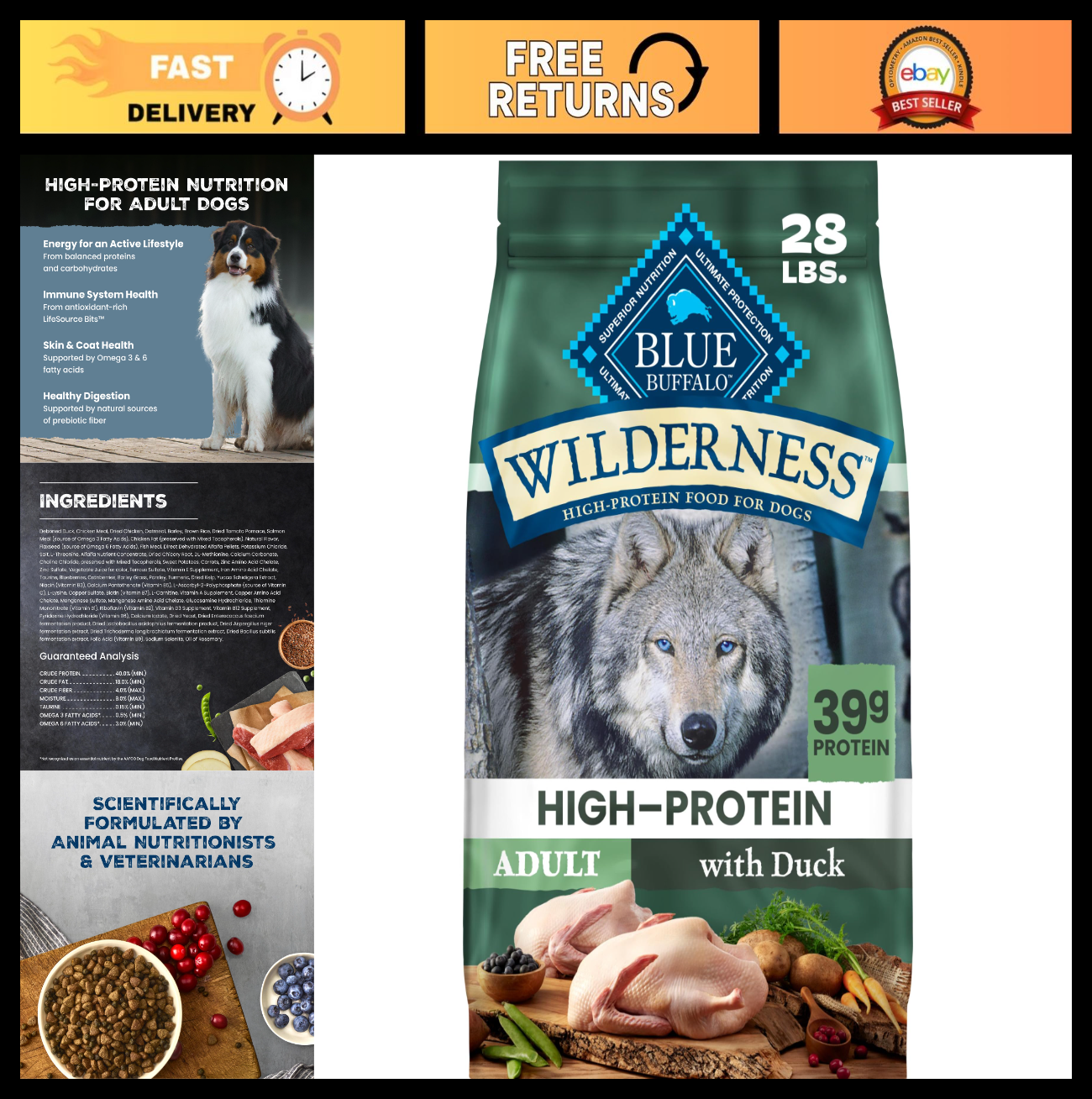 Grain Free Duck & Wholesome Grains Adult Dry Dog Food, 28 lb   High Protein, Nat0