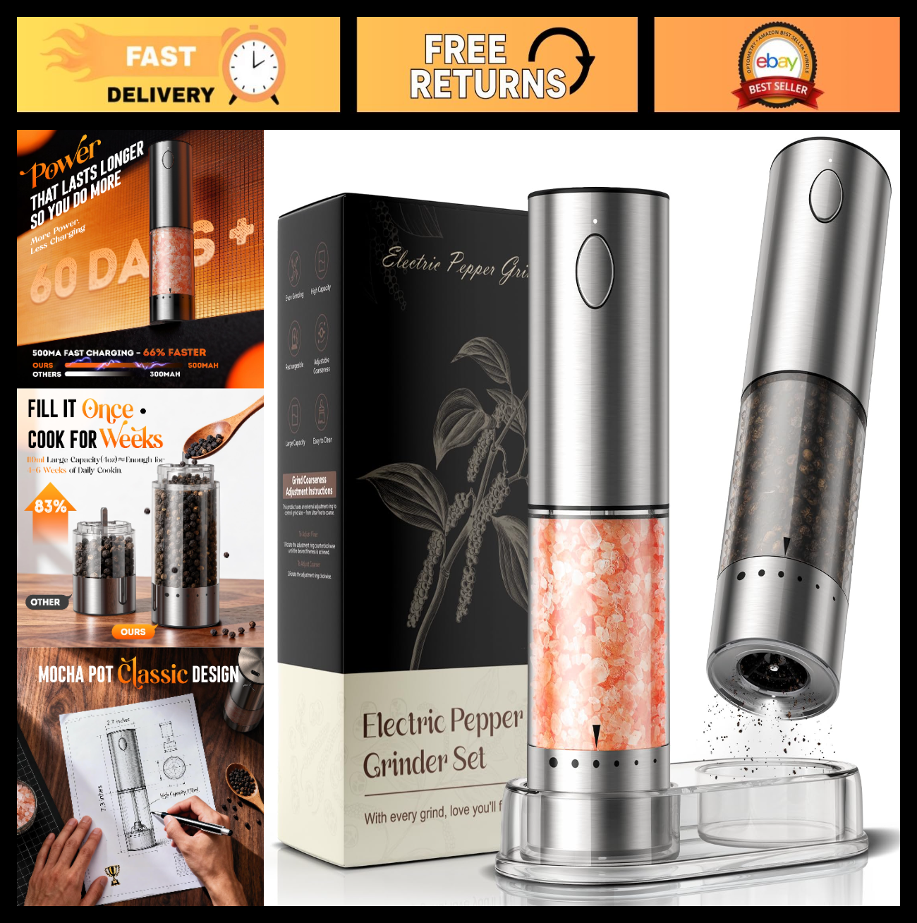 Rechargeable Electric Salt & Pepper Grinder Set   Automatic Adjustable Coarsenes0