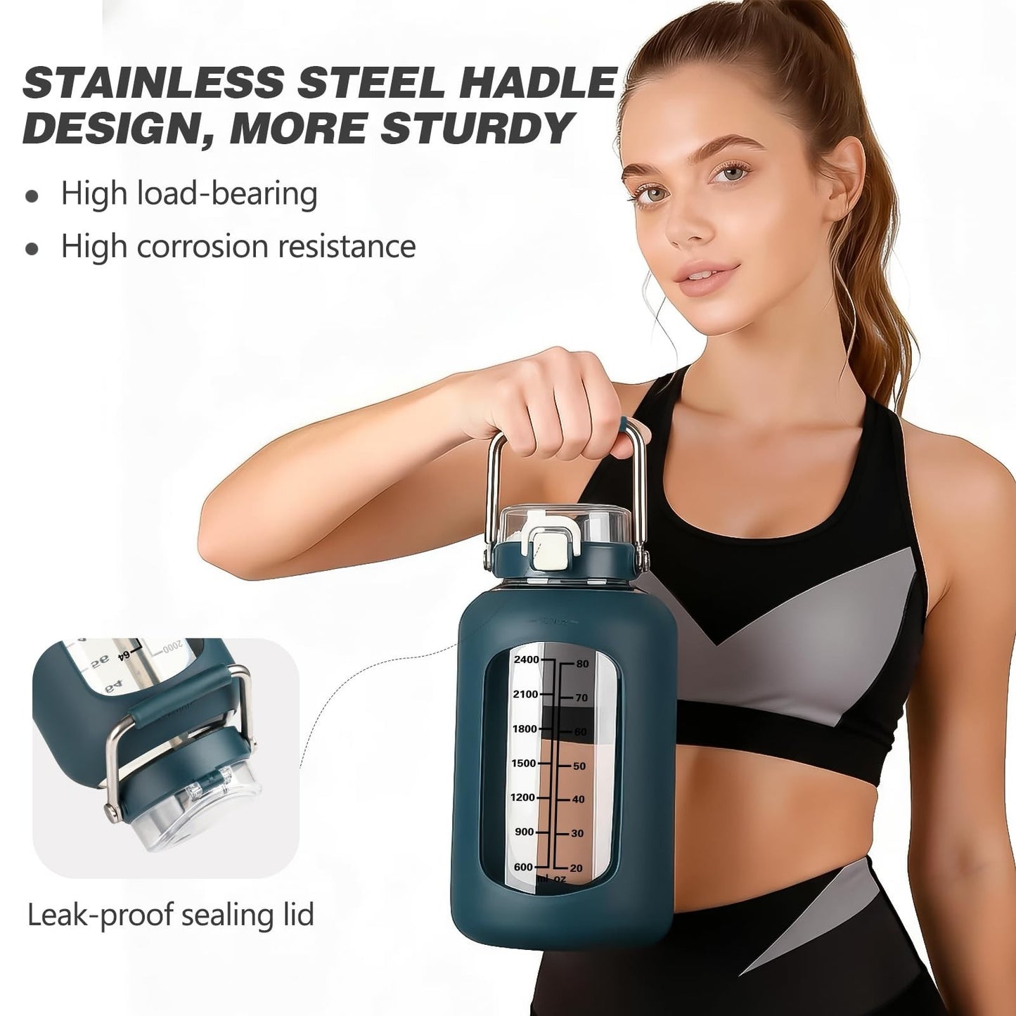 100oz BPA-Free Glass Water Bottle with Time Marker & Silicone Sleeve - Large 3L5