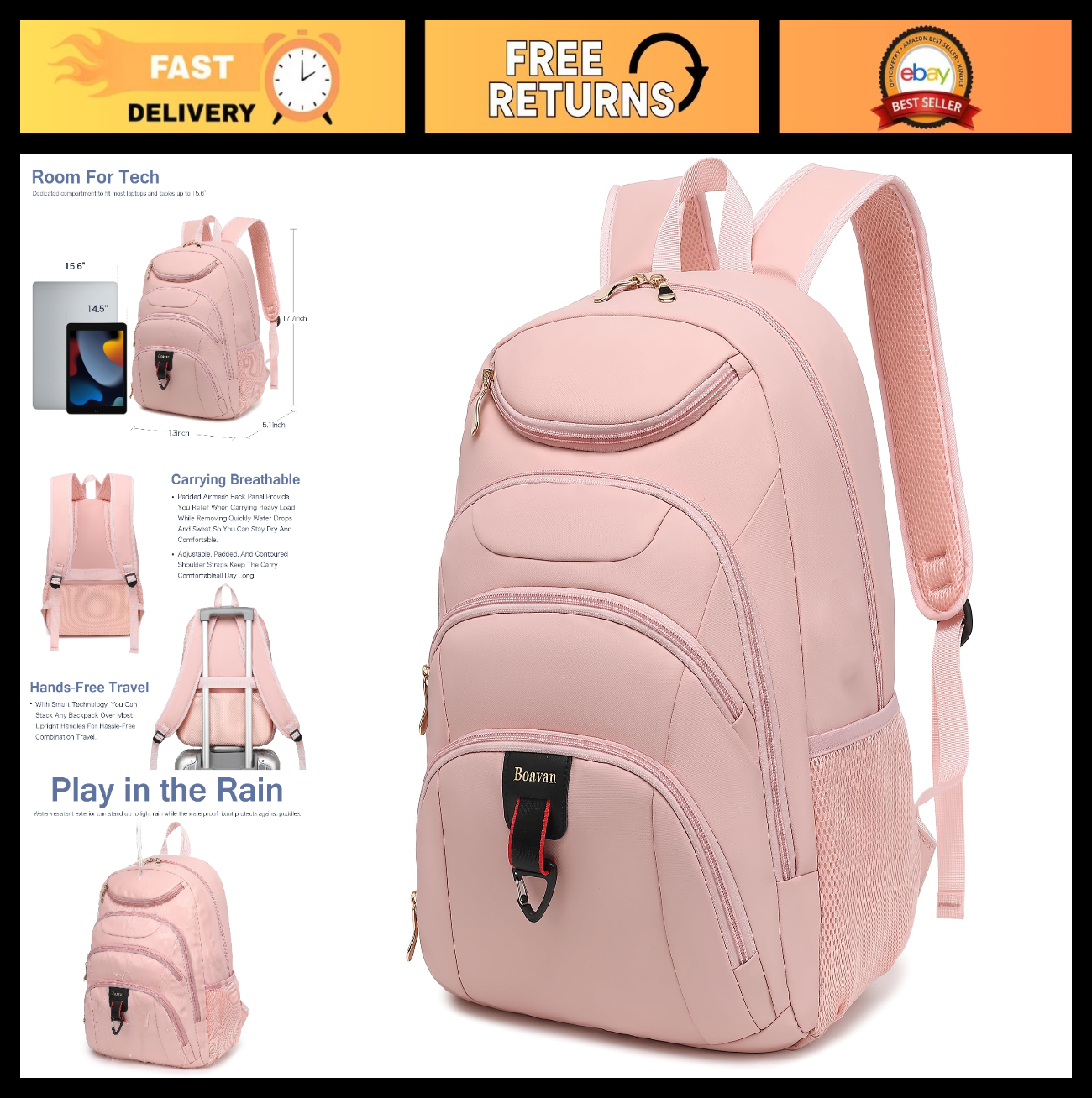 Waterproof Laptop Backpack for Women, 15.6" USB Travel Bag, Anti Theft Bookbag,0