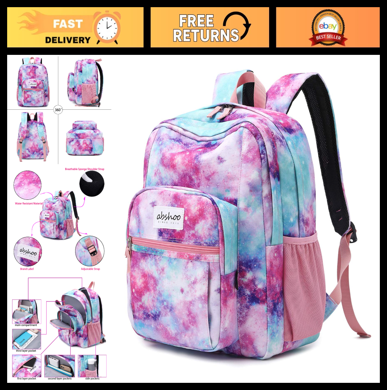 Galaxy Pink Women's School Backpack   Water Resistant Bookbag for College & Teen0