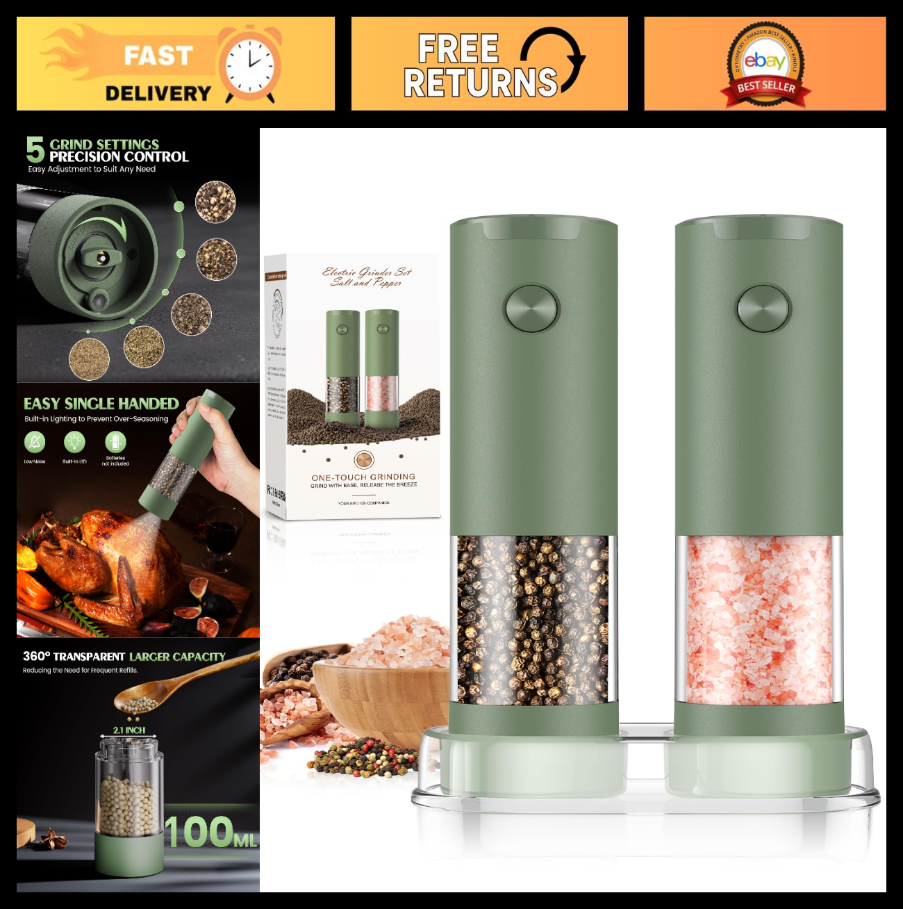 Electric Salt and Pepper Grinder Set   Automatic Adjustable Coarseness Shakers f0