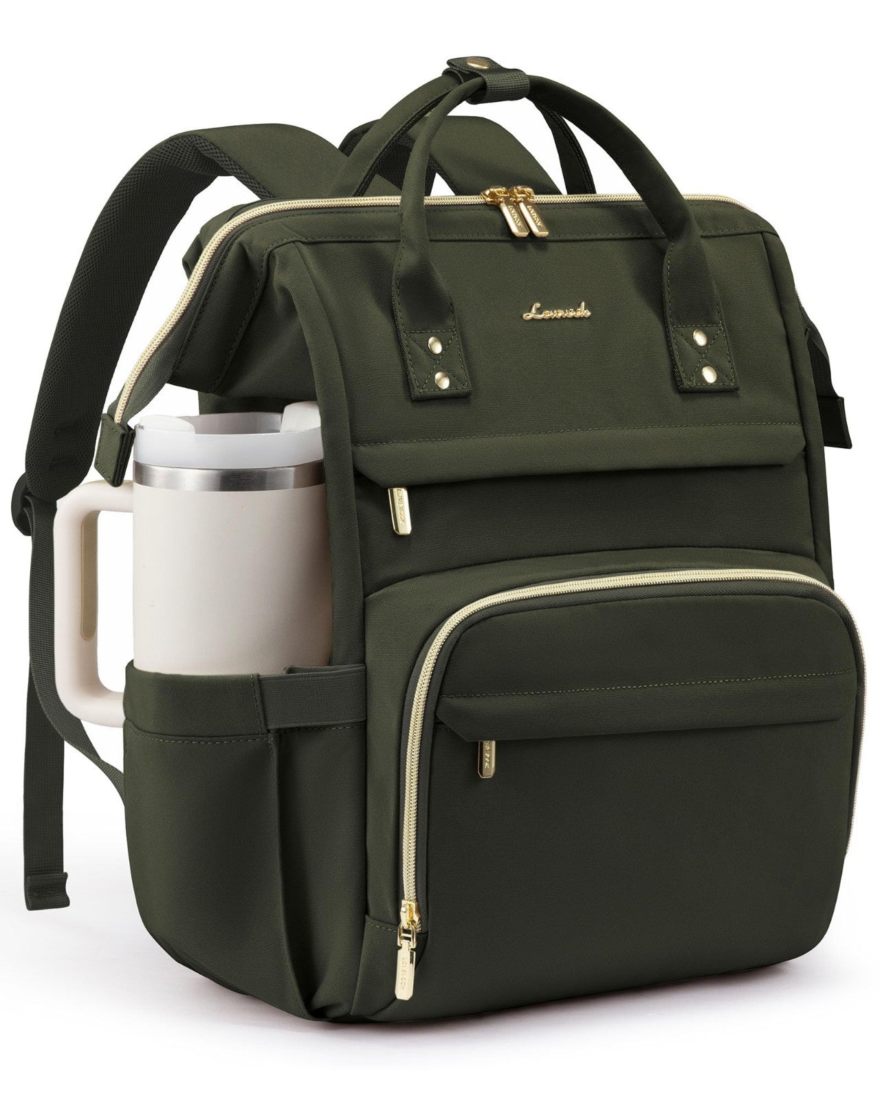 Stylish Waterproof Laptop Backpack for Women, 15.6" with Tumbler Holder, Olive G1