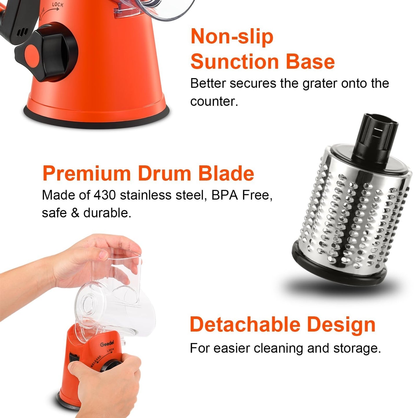 Rotary Cheese Grater & Vegetable Slicer   3 Blades, Easy Clean, Suction Base, BP7