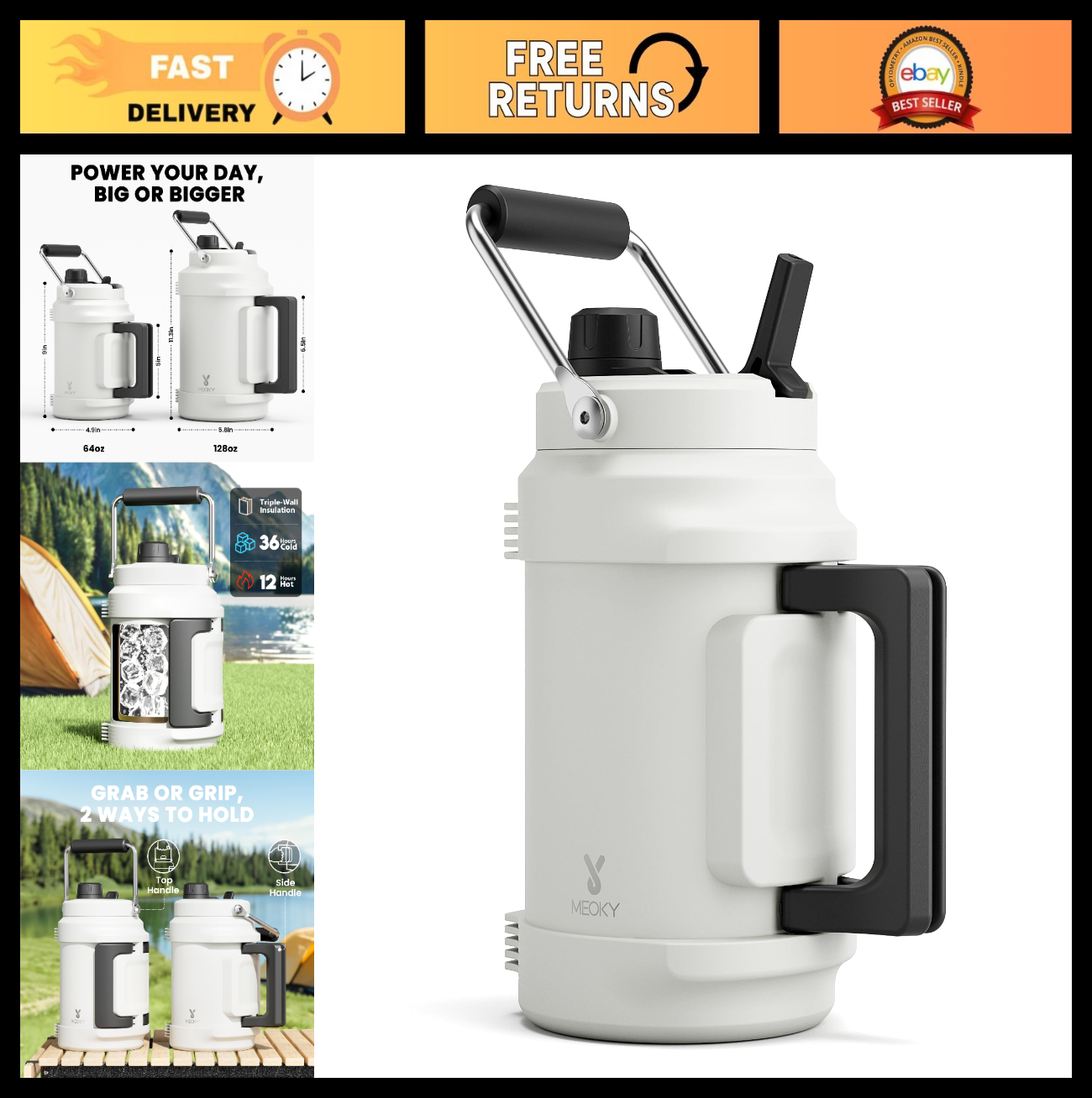 64 oz Insulated Water Bottle - Triple Wall Vacuum Jug with Straw & Spout Lid, Le0