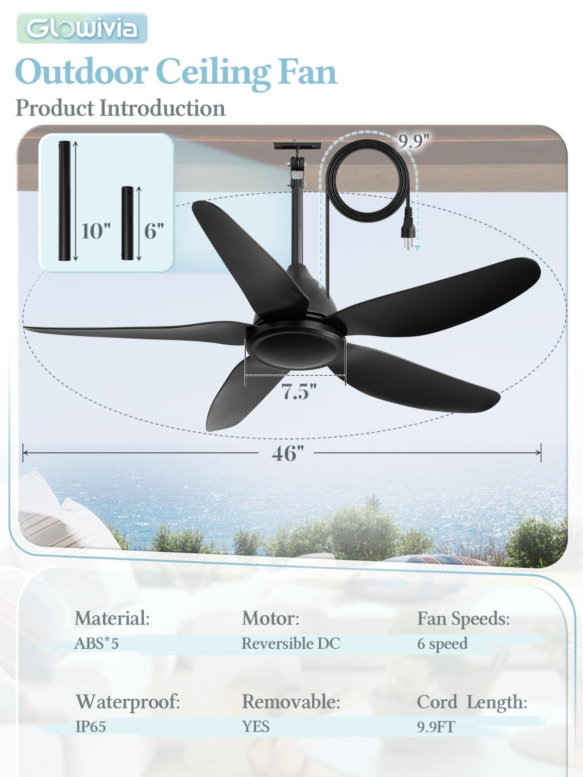 46" Waterproof Outdoor Ceiling Fan, Remote & APP Control, 6 Speeds, Reversible D4