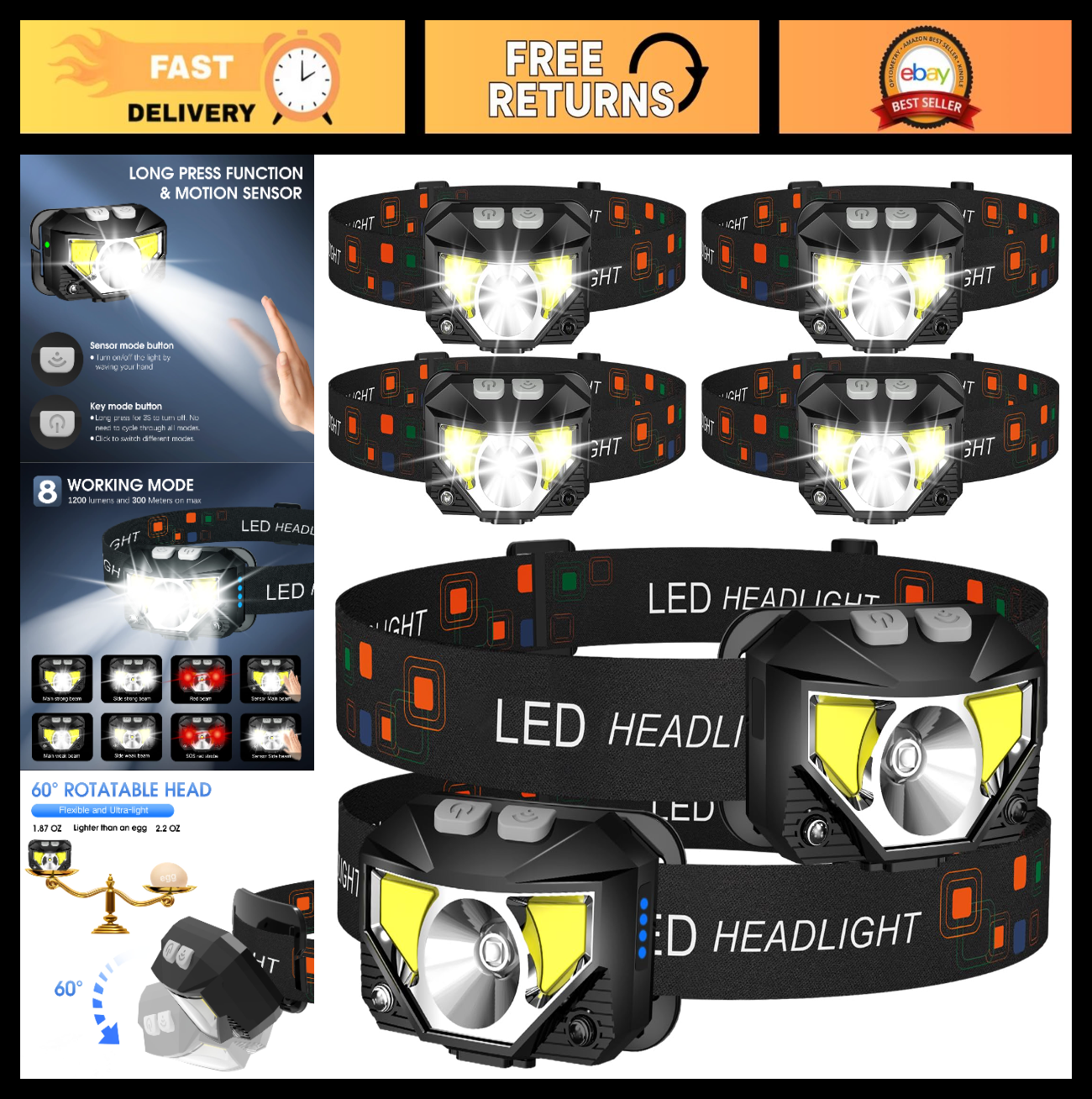 Ultra Bright LED Headlamp Flashlight 6 Pack, Rechargeable, Waterproof, 8 Modes f0