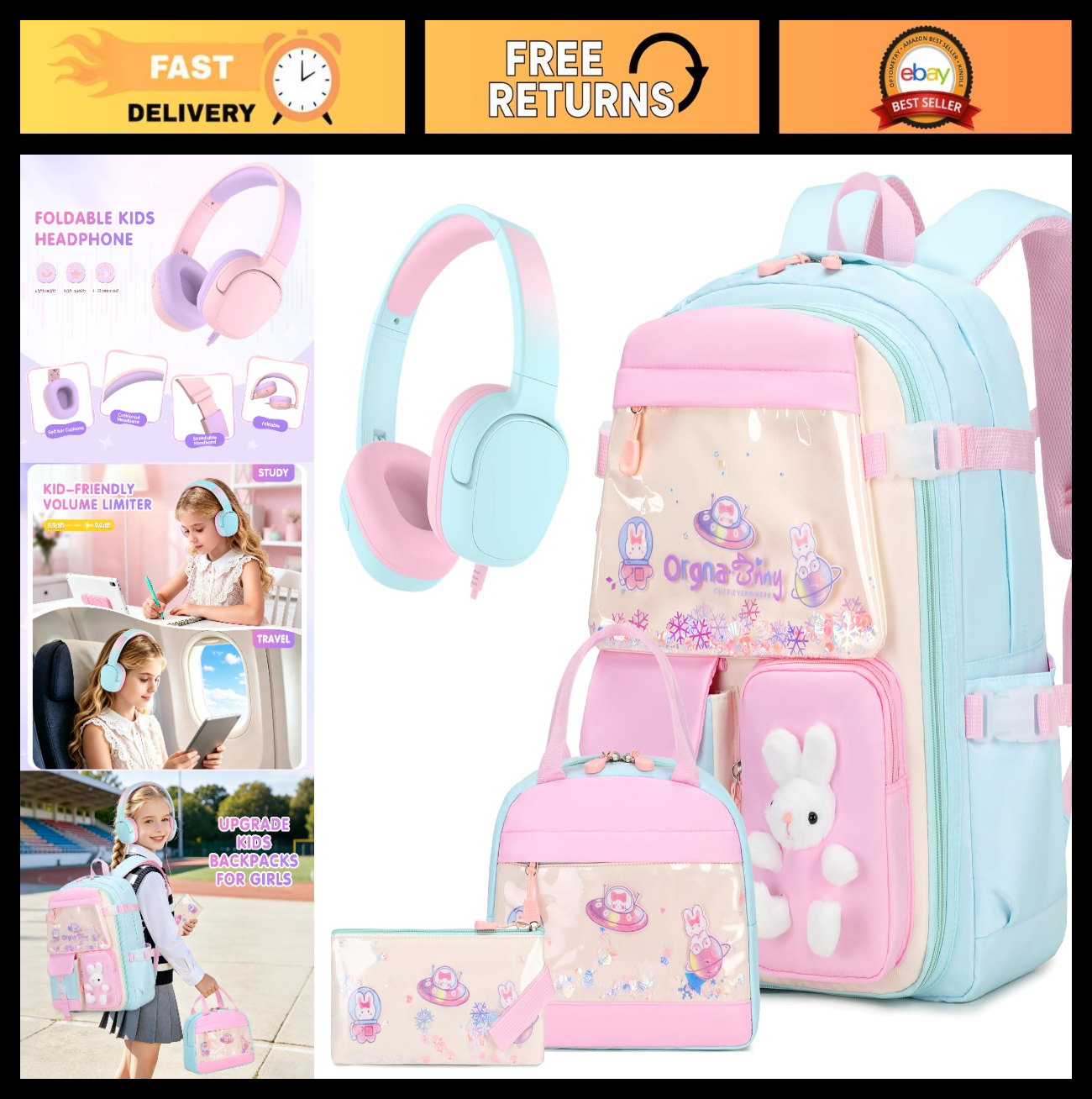 4PCS Kawaii Bunny Girls Backpack Set, Kids School Bag with Headphones, Lunch Box0