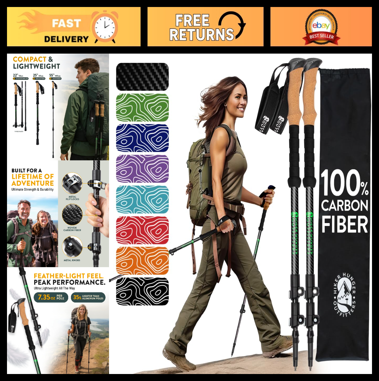 Lightweight Carbon Fiber Trekking Poles - Collapsible Hiking Sticks with Cork Gr0
