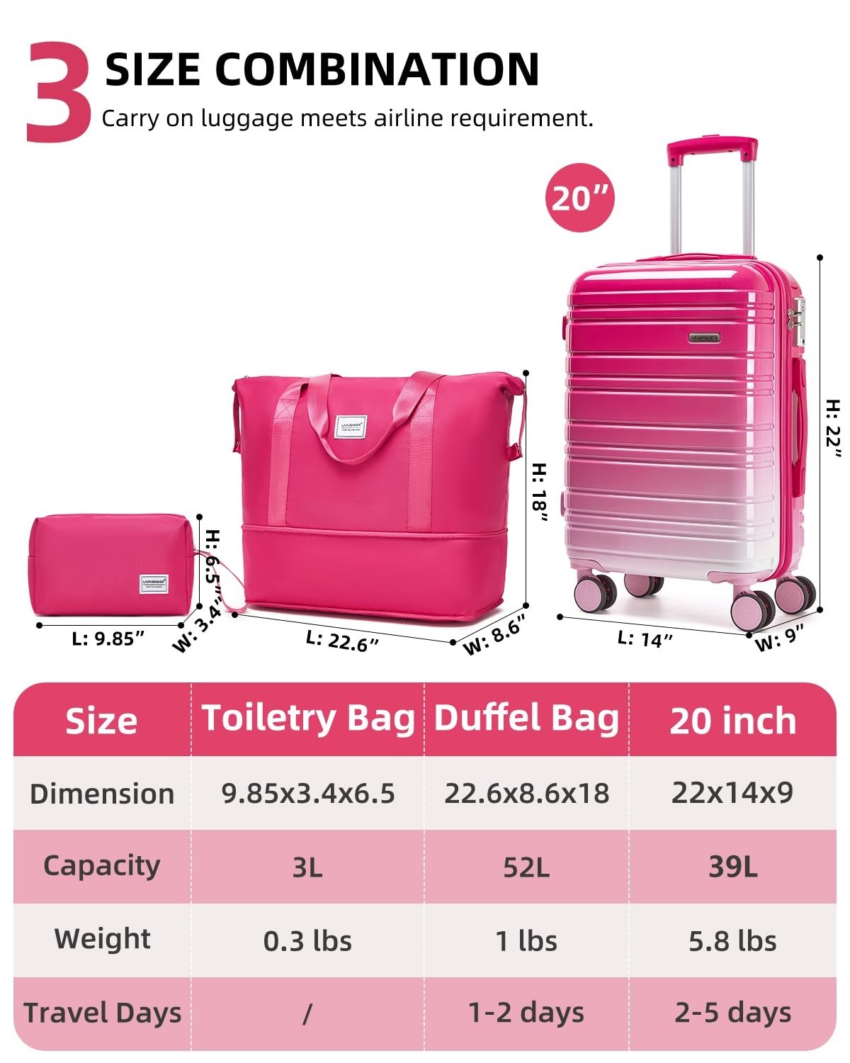 3-Piece Carry-On Luggage Set, 20in Hardshell Suitcase, Lightweight, TSA Lock, Du3