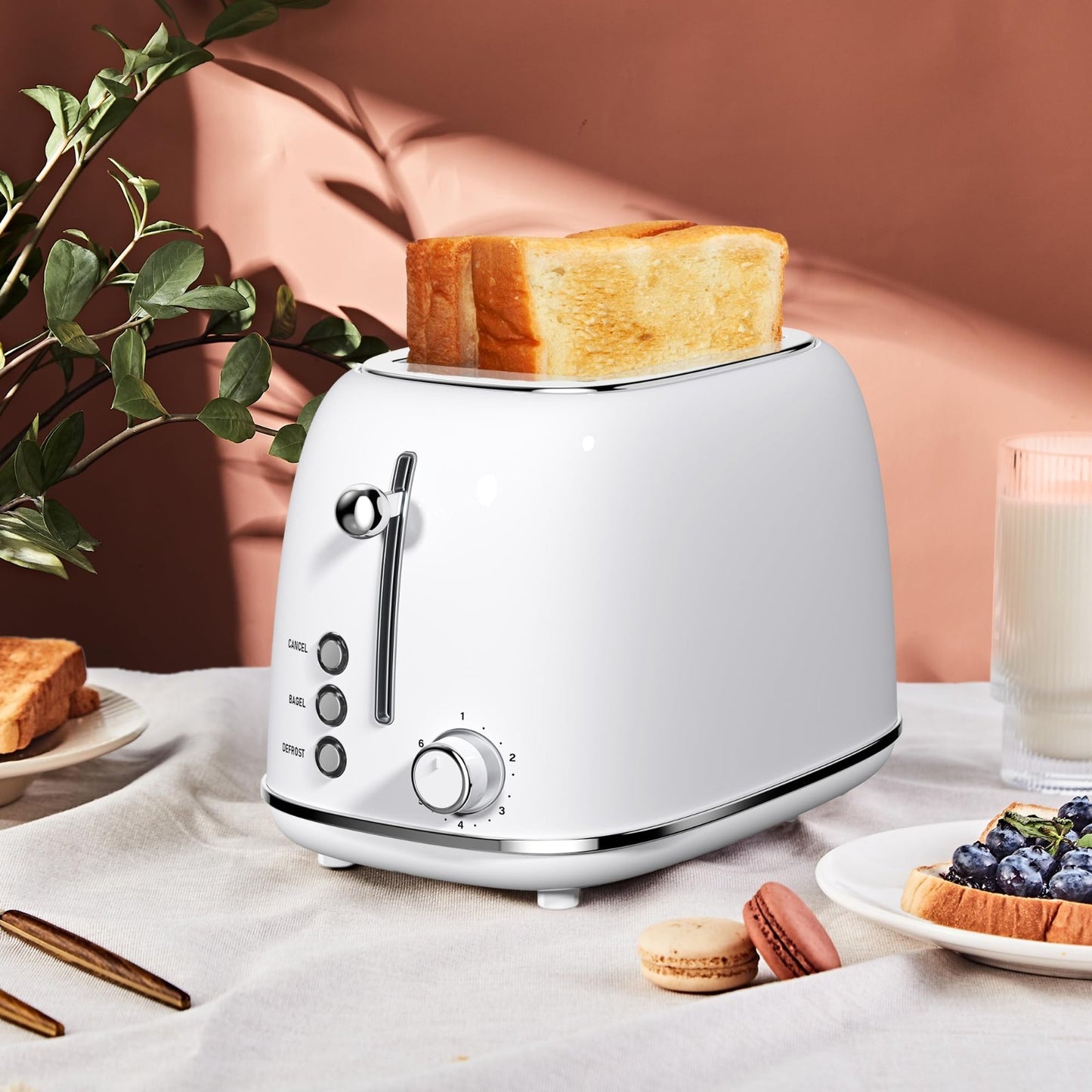 Retro Stainless Steel 2 Slice Toaster with Bagel, Cancel, Defrost, 6 Shade Setti2
