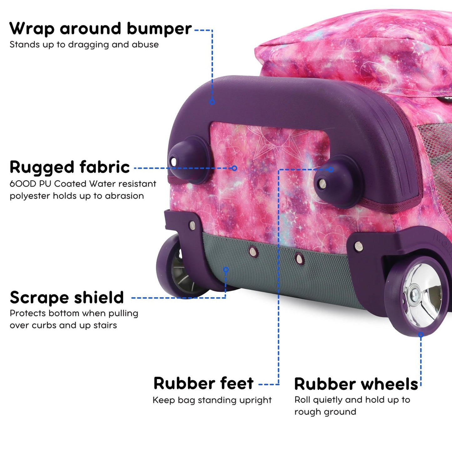 Kids Rolling Backpack with Wheels, 18" School Bookbag for Girls & Boys, Purple G3