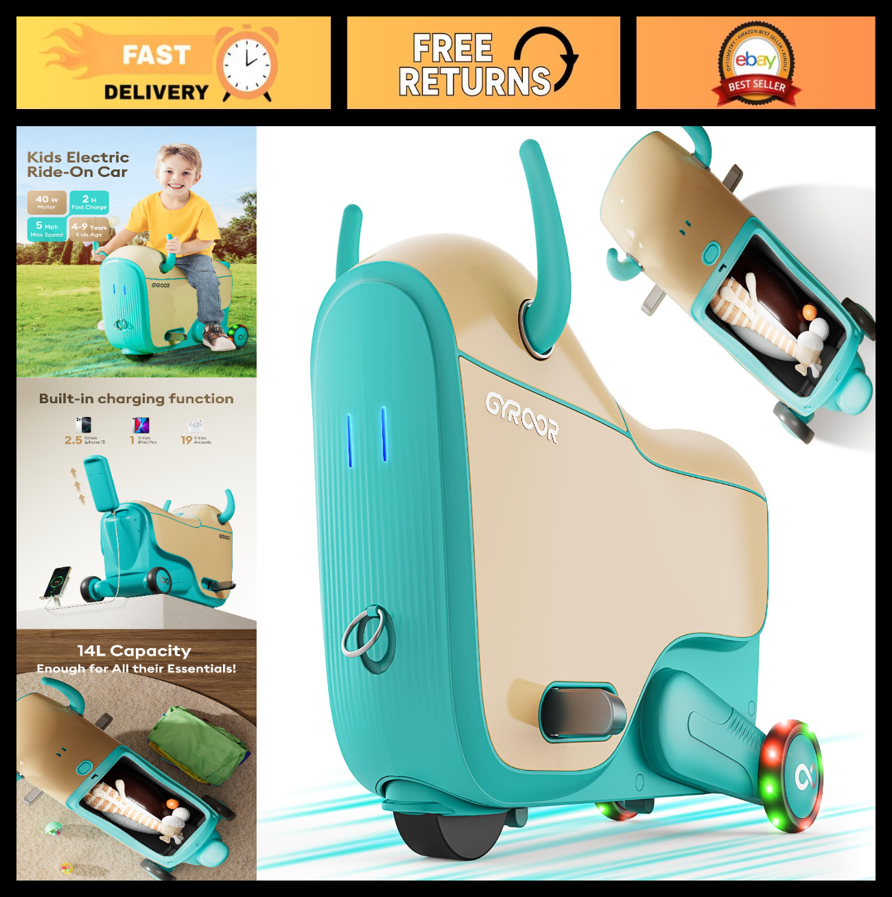 Kids Ride-On Airplane Suitcase, 14L Storage, 3-6 Years, 3 Speed Options0