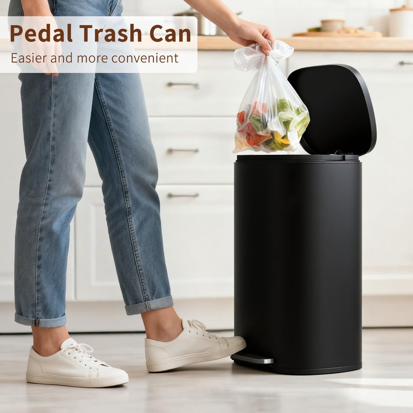 Stainless Steel Trash Can with Lid, Removable Inner Bucket, Foot Pedal, Soft Clo2