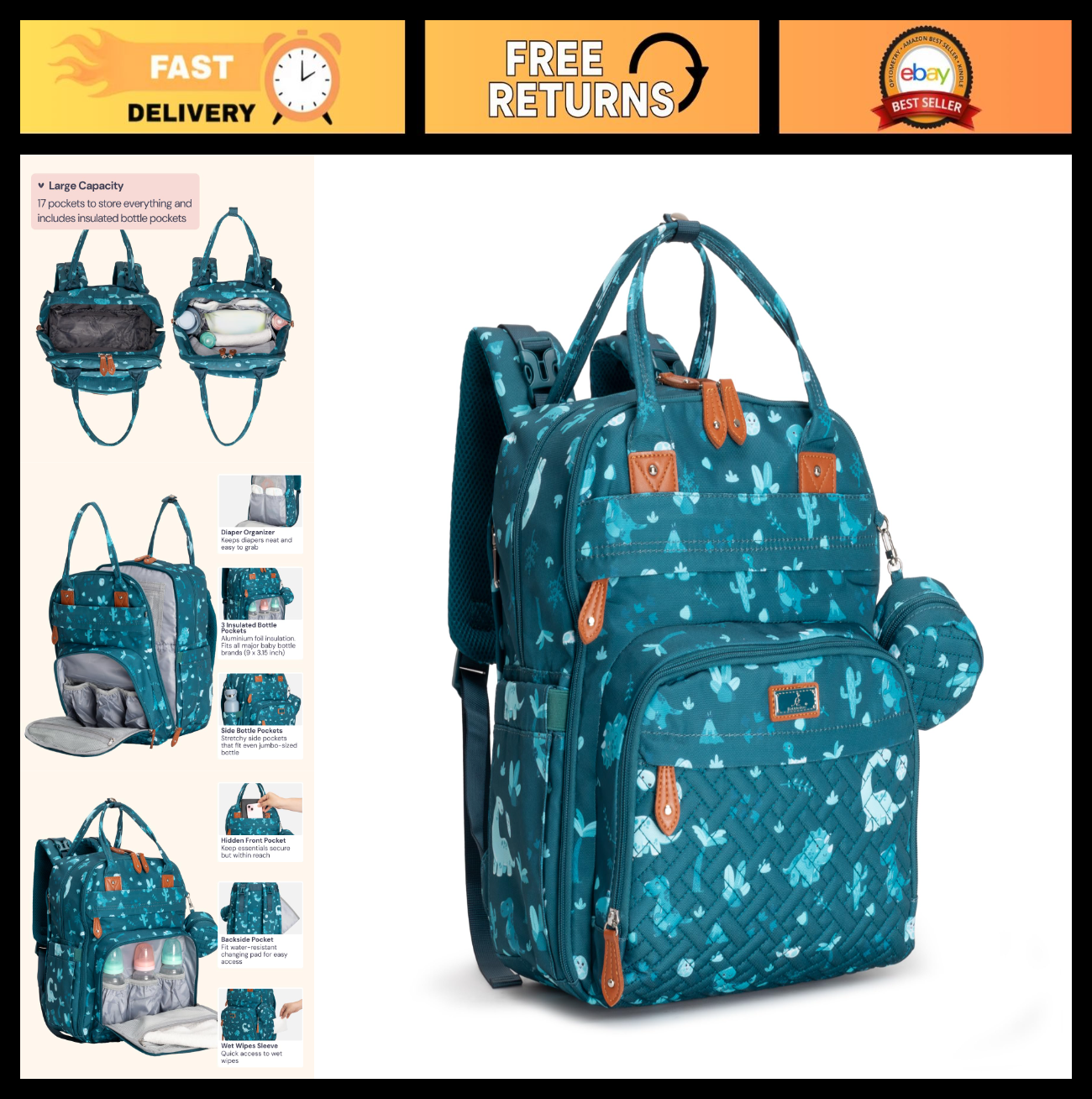 Multi Function Water Resistant Diaper Bag Backpack   Baby Travel Tote, Changing0