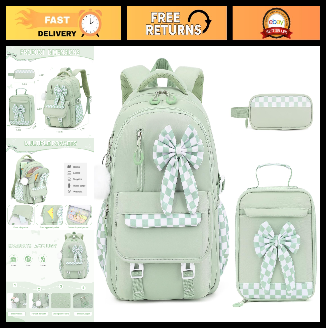 Girls Bow Backpack Set   3PCS with Lunch Bag & Pencil Case   Stylish School Bag0