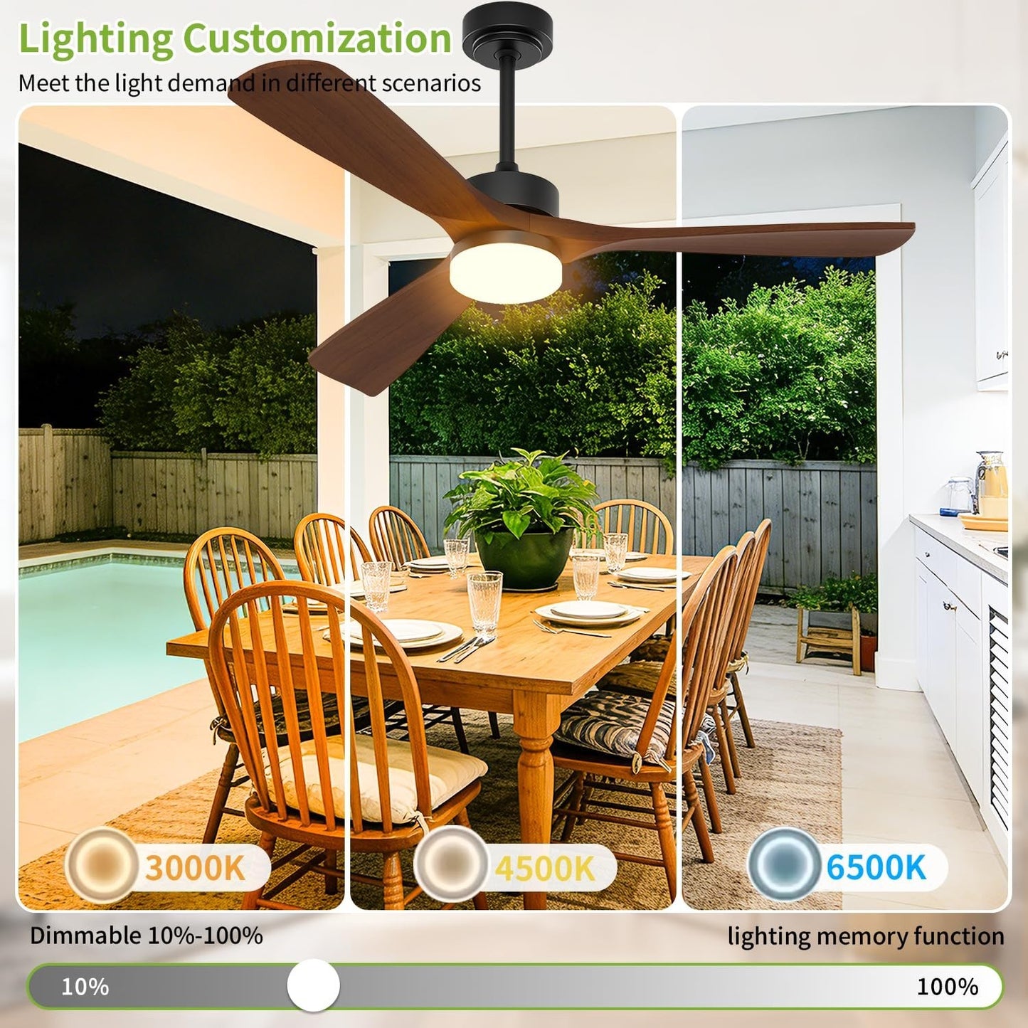 52 Inch Ceiling Fan with Lights, Solid Wood Blades, Ultra Quiet DC Motor, 6 Spee5