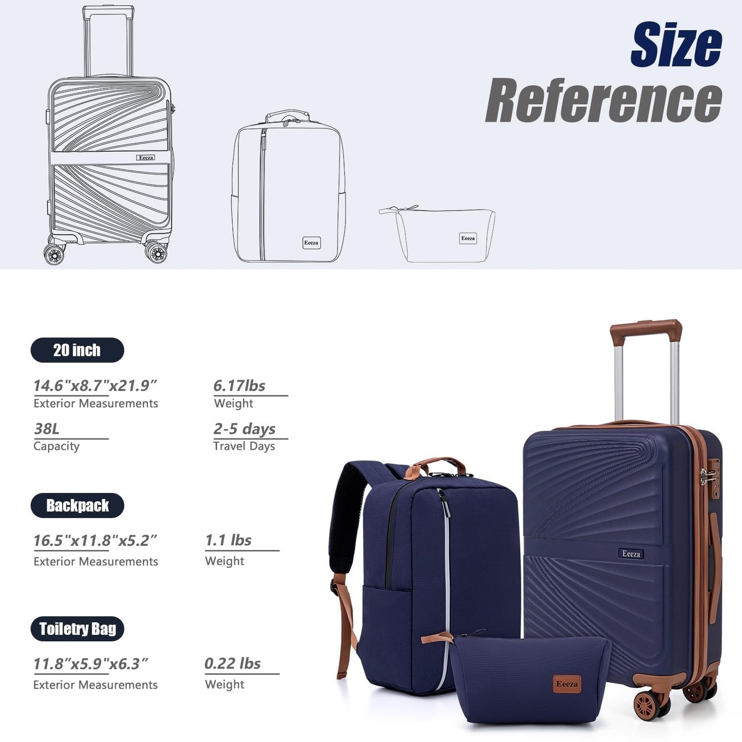 3-Piece Carry-On Luggage Set, Lightweight ABS Hardshell, 360° Spinner Wheels, TS6