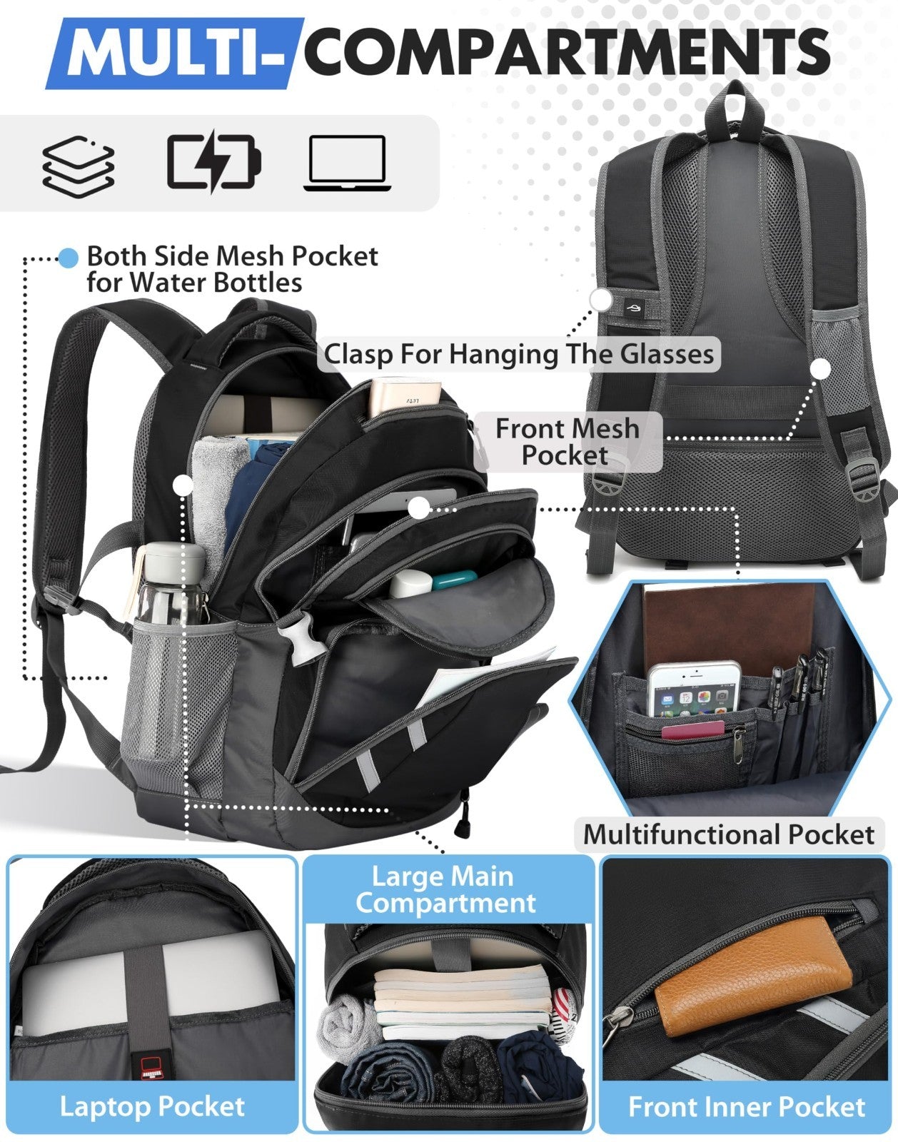 College Laptop Backpack, Travel Bookbag with USB Charging Port, Anti Theft, Fits2