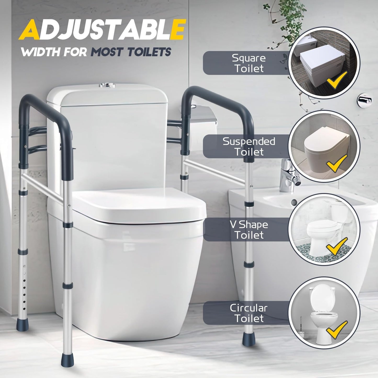 Adjustable Toilet Safety Rails, 350 lbs Capacity, Foldable Design, Fits Most Toi4