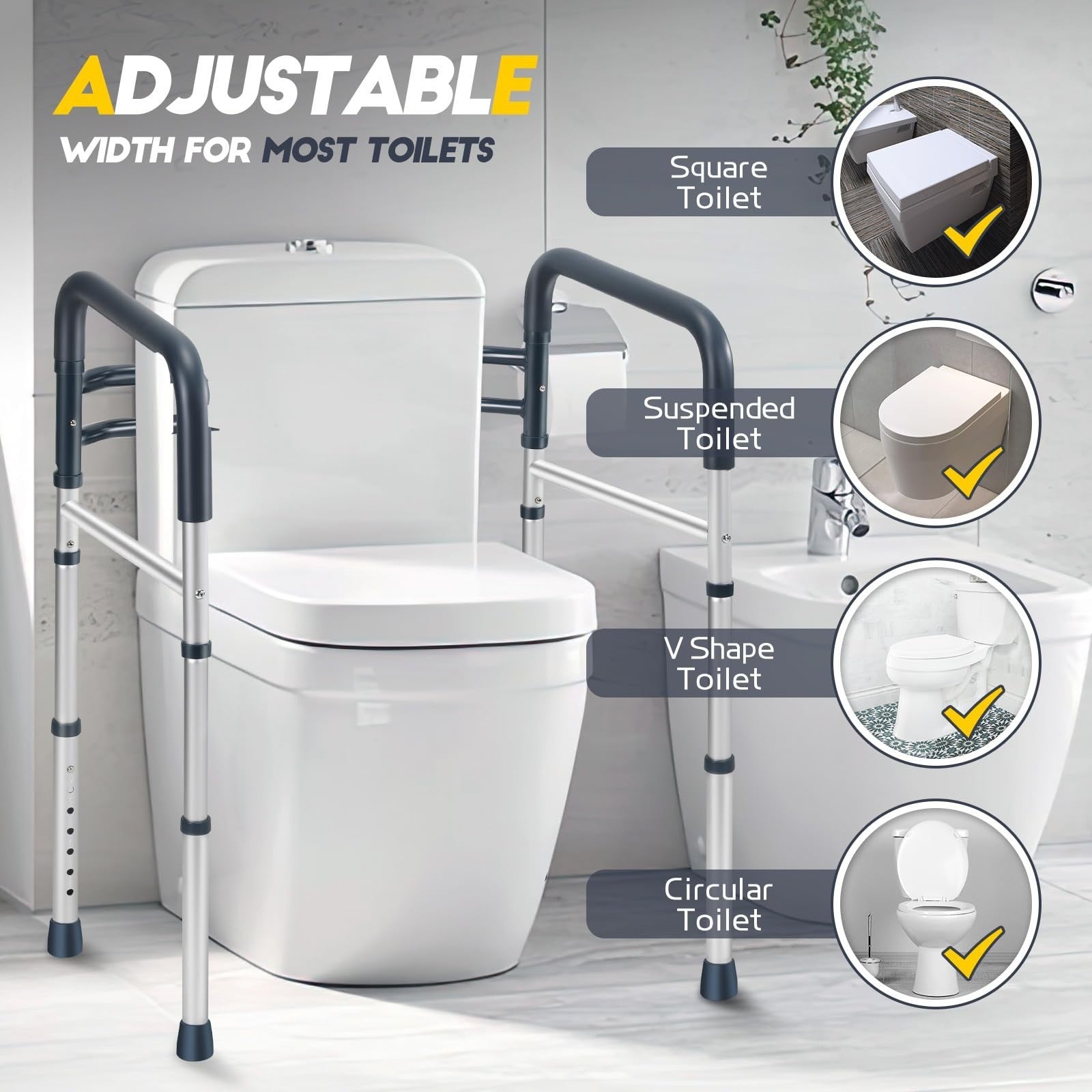 Adjustable Toilet Safety Rails, 350 lbs Capacity, Foldable Design, Fits Most Toi4